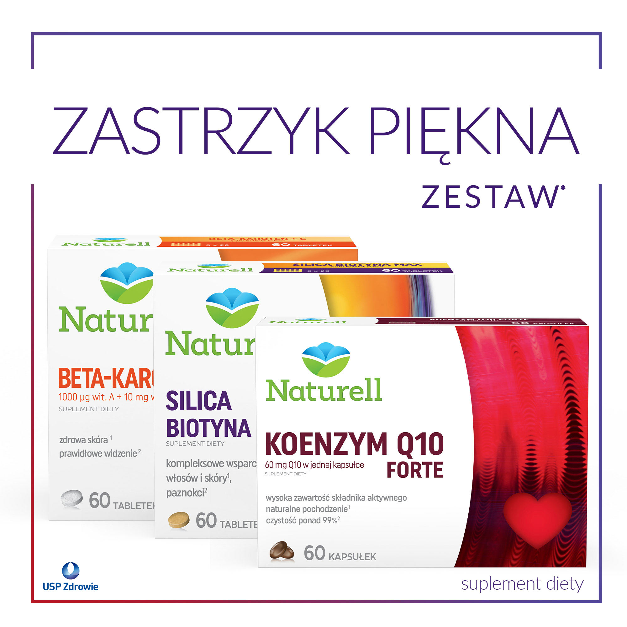 Naturell zestaw zastrzyk piękna: beta-karoten + e, 60 tabletek + silica biotyna max, 60 tabletek + koenzym q10 forte, 60 kapsułek