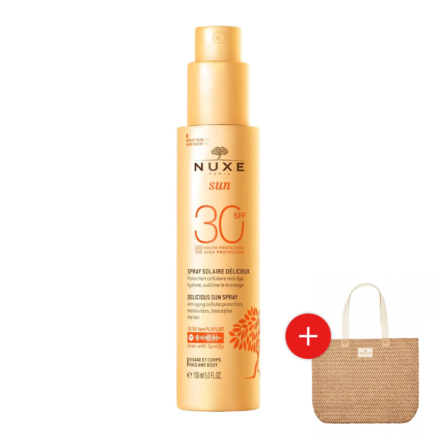 Nuxe sun - mleczko do opalania twarzy i ciała w sprayu spf 30, 150 ml + torba plażowa, 1 sztuka