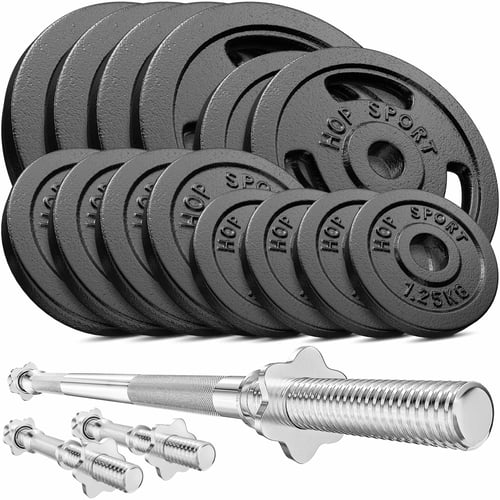 Set d’haltères en fonte 79 kg avec barre de musculation longue et barres courtes