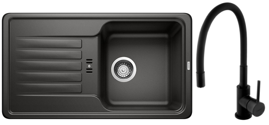 Zestaw Blanco Favos Mini zlewozmywak granitowy 78x43,5 cm czarny z baterią stojącą Hagser Emma czarna (526078, HGR70000035)