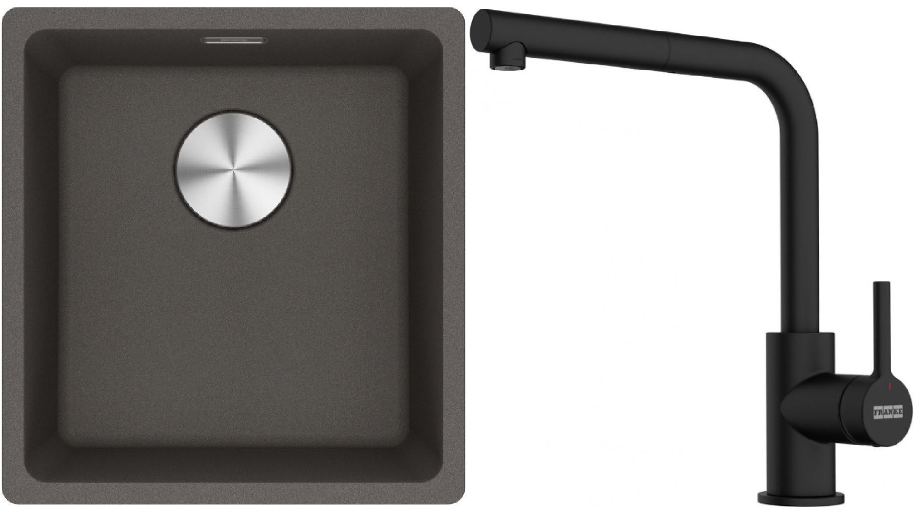 Franke Maris MRG 110-37 zlewozmywak granitowy 43x40 cm łupkowy szary z baterią kuchenną Lina czarny mat (1250716374, 1150712435)