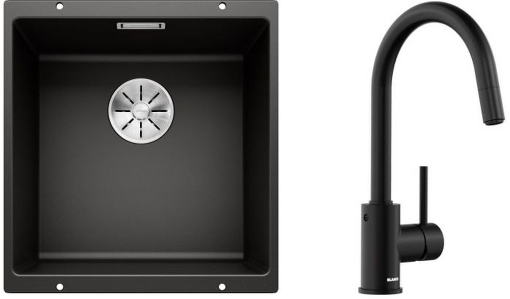 Zestaw Blanco Subline 400-U zlewozmywak granitowy czarny z baterią kuchenną Mida-S czarną (525990, 526653) - Wysyłka w 24h