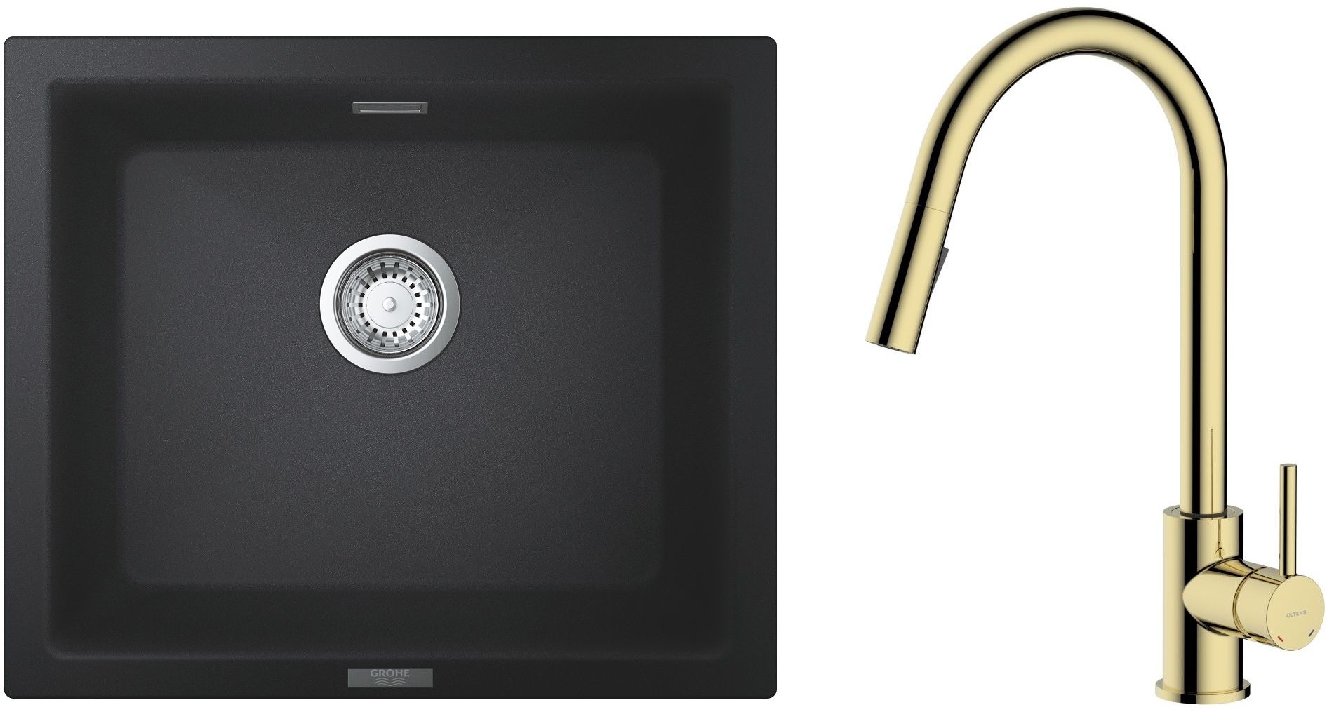 Zestaw Grohe K700U zlewozmywak granitowy 53,3x45,7 cm z baterią kuchenną Oltens Litla czarny granit/złoty połysk (31654AP0, 35204800) - Wysyłka w 24h