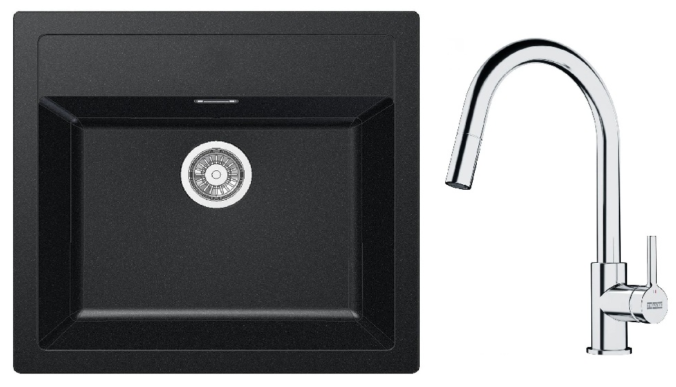 Zestaw Franke Sirius zlewozmywak granitowy 56x53 cm z baterią kuchenną Lina Pull-Out onyx/chrom (1140205049, 1150693229)