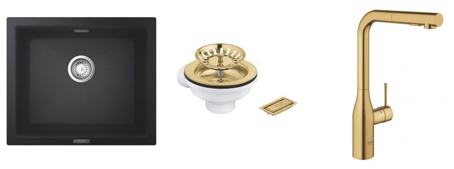 Zestaw Grohe K700 zlewozmywak granitowy 53,3x45,7 cm czarny z baterią kuchenną Essence i odpływ złoty (31654AP0, 40997GN0, 30270GN0) - Wysyłka w 24h