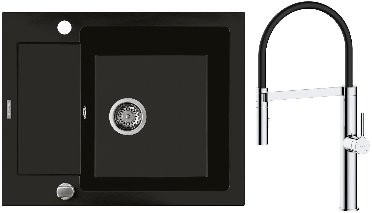 Zestaw Oltens Gravan zlewozmywak granitowy 1-komorowy 62x50 cm z baterią kuchenną Broga czarny mat/chrom (72102300, 35207100) - Wysyłka w 24h