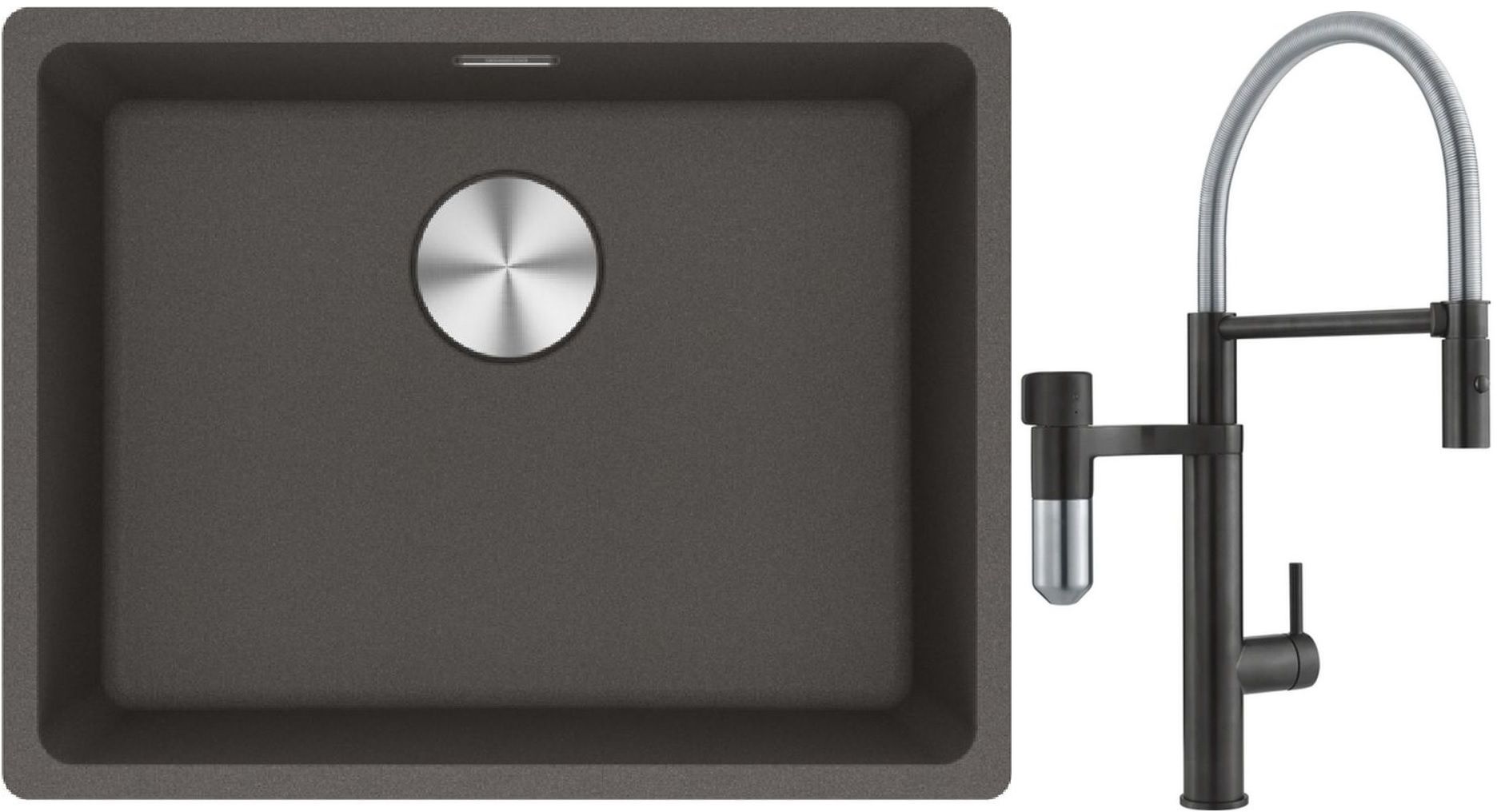 Franke Maris MRG 110-52 zlewozmywak granitowy 55,3x43,3 cm łupkowy szary z baterią kuchenną Vital Semi-Pro czarny mat/stal (1250716375, ...