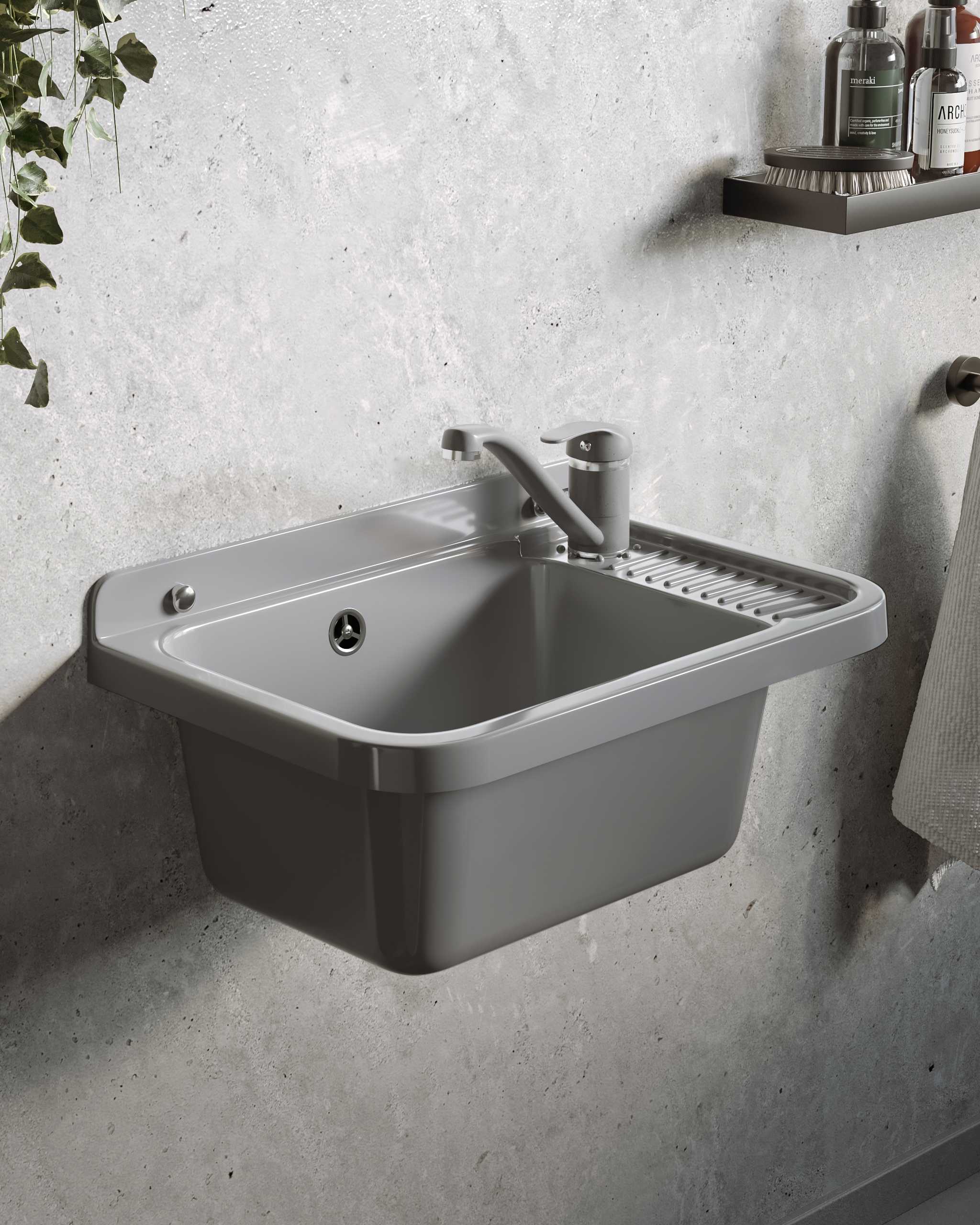 Pyramis Neo umywalka ogrodowa 51x34 cm szara i bateria Asalia 070179501 A