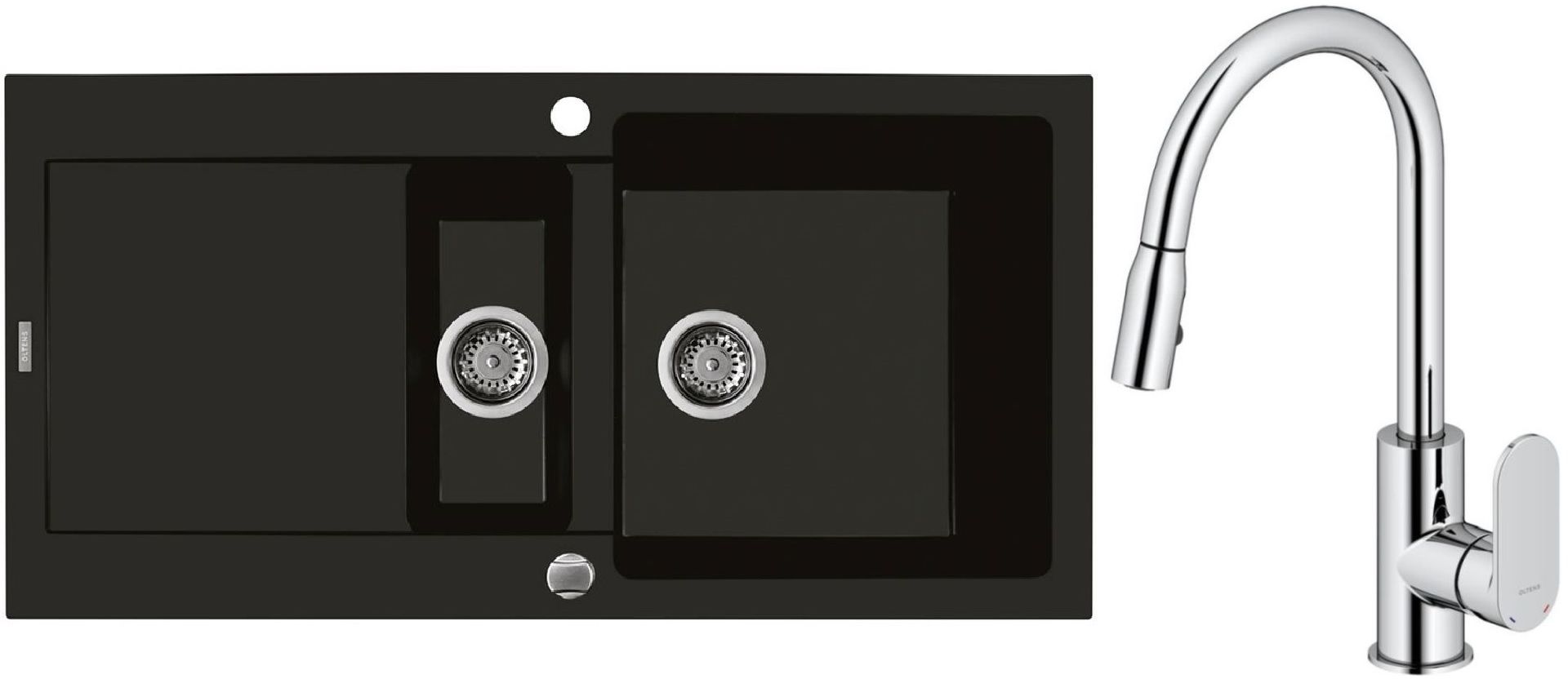 Zestaw Oltens Gravan zlewozmywak granitowy 1,5-komorowy 100x50 cm z baterią kuchenną Lista czarny mat/chrom (72300300, 35202100) - Wysyłka w 24h