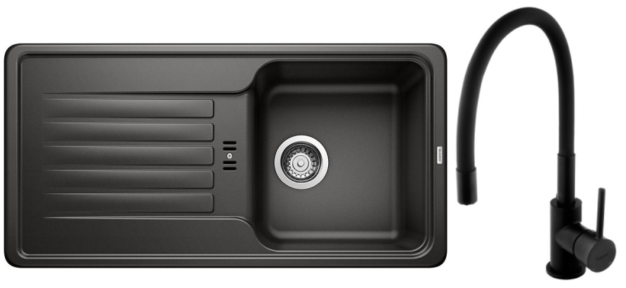Zestaw Blanco Favos 45 S zlewozmywak granitowy 86x43,5 cm czarny z baterią stojącą Hagser Emma czarna (526079, HGR70000035)