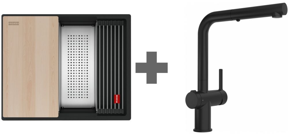 Zestaw Franke Kanon KNG PRO 110-52 zlewozmywak granitowy 56x46 cm czarny mat z baterią Active L Twist 125.0749.686