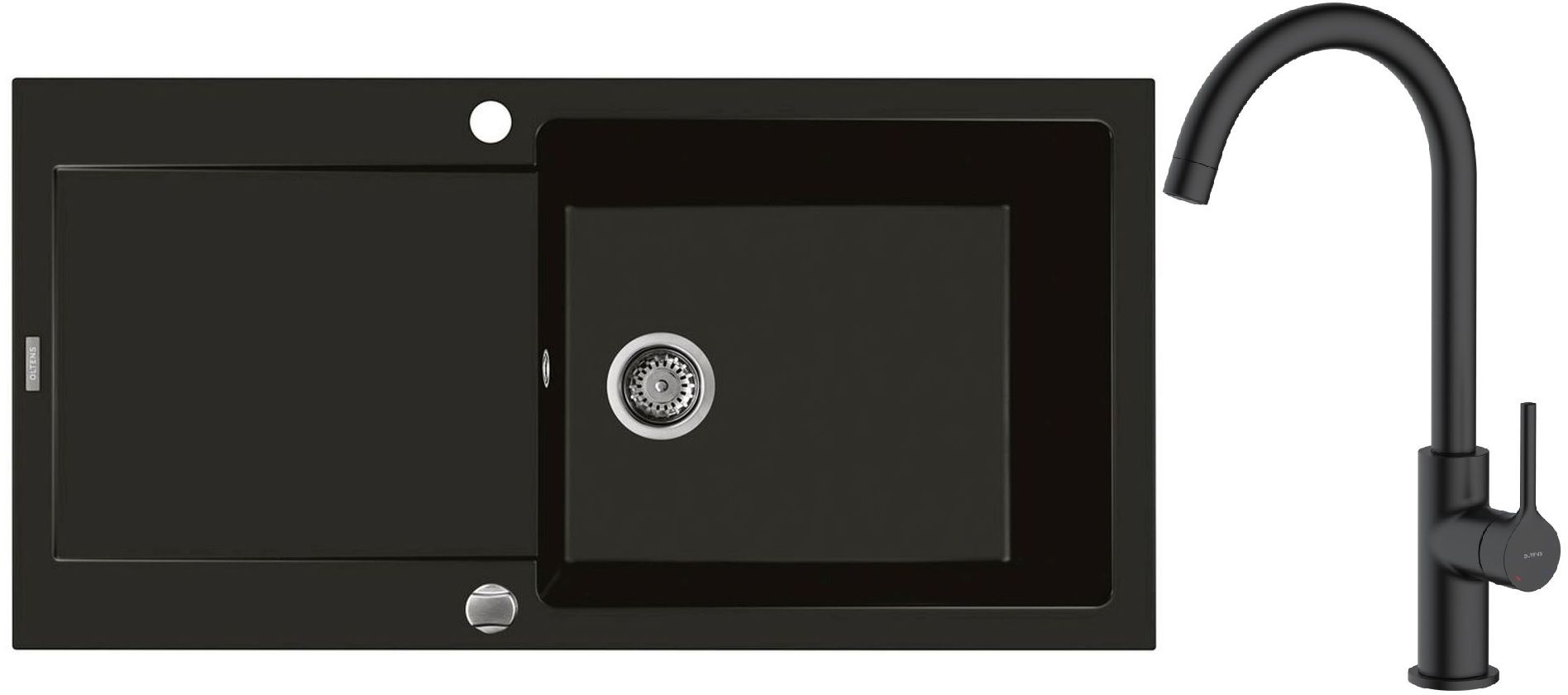 Zestaw Oltens Gravan zlewozmywak granitowy 1-komorowy 100x50 cm z baterią kuchenną Skafta czarny mat (72101300, 35206300) - Wysyłka w 24h