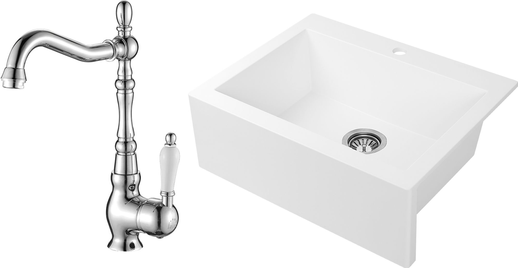 Zestaw Laveo Komodo zlewozmywak granitowy biały z baterią kuchenną Evora chrom (SBK610A, BAE065D)