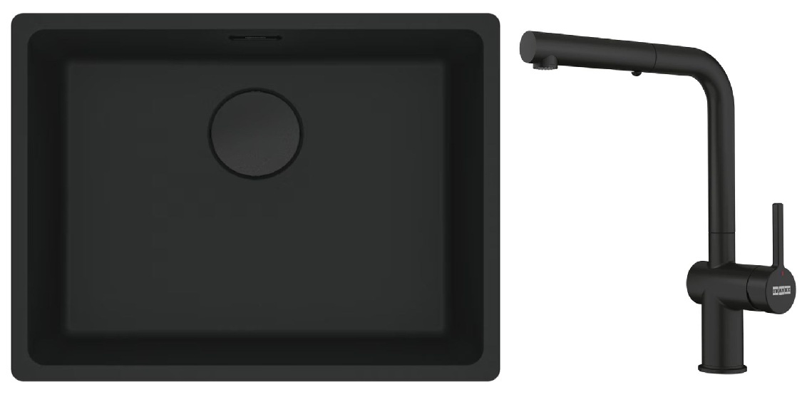 Zestaw Franke Maris zlewozmywak granitowy 52x40 cm z baterią kuchenną Active czarny mat (1250697759, 1150653382)