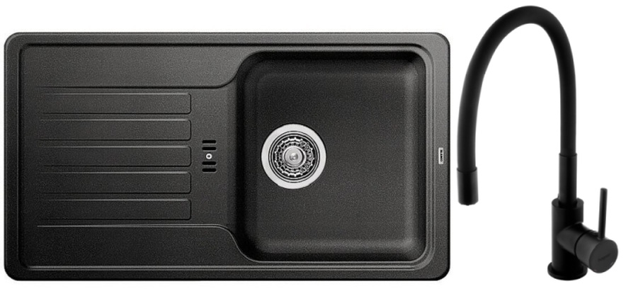 Zestaw Blanco Favos Mini zlewozmywak granitowy 78x43,5 cm antracyt z baterią stojącą Hagser Emma czarna (518186, HGR70000035)