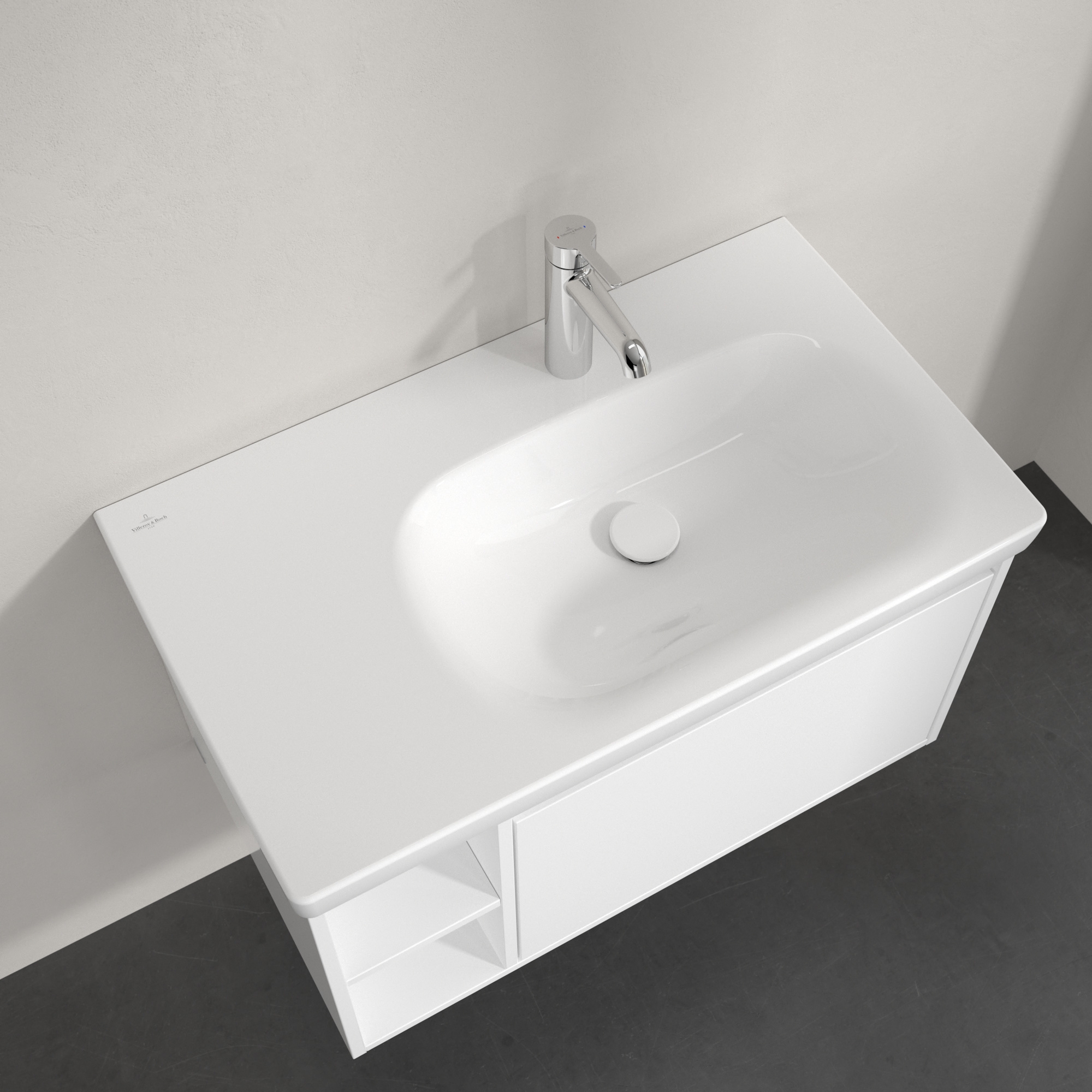 Villeroy & Boch Skyla umywalka 80x46 cm prostokątna meblowa prawa CeramicPlus Weiss Alpin 5A52R2R1