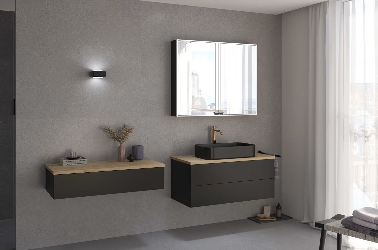 Kronenbach Cube szafka z blatem 101x48,7x44,5 cm podumywalkowa wisząca czarny mat-jasny dąb KBWTKOWTL1012SMGH