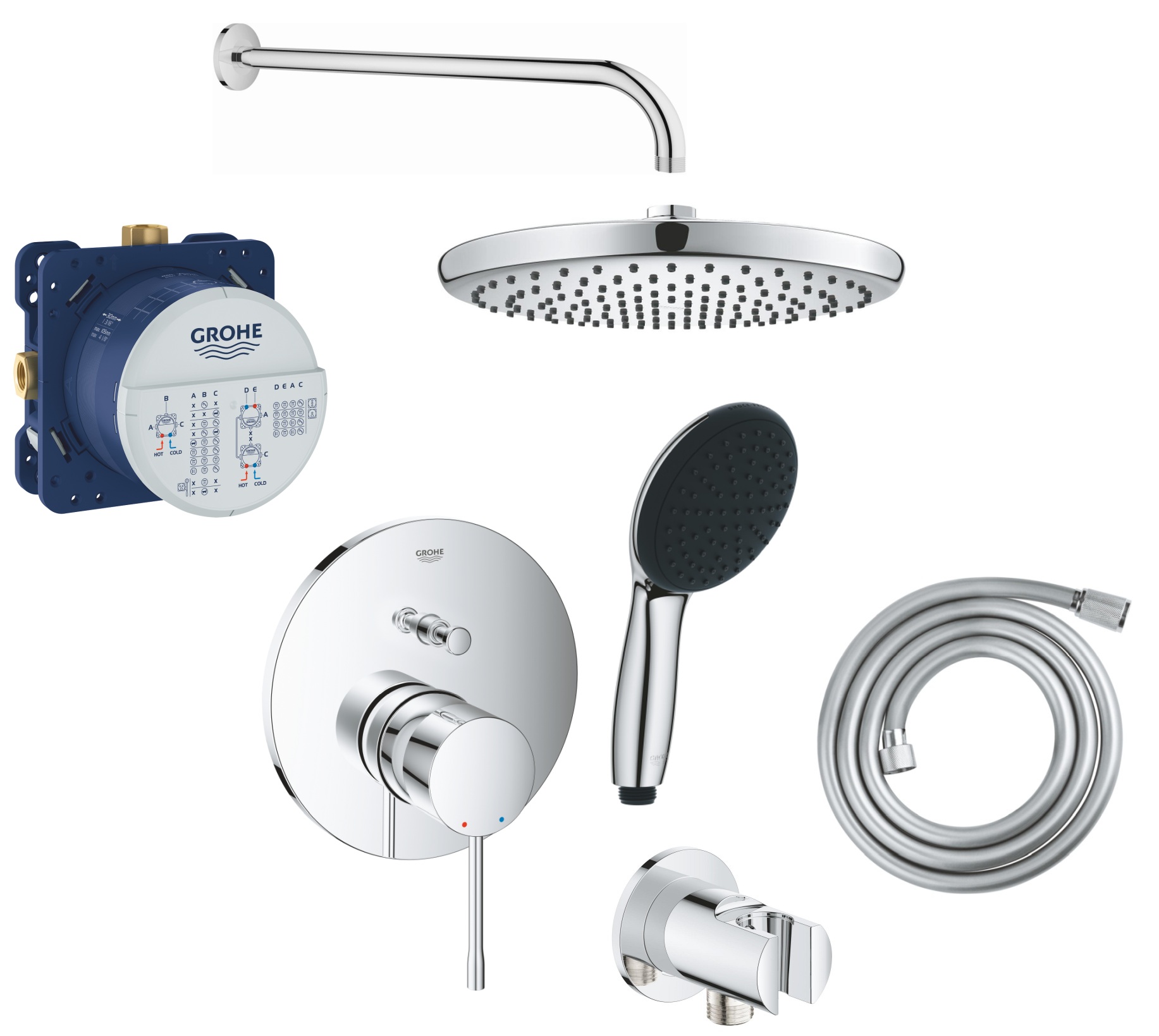 Zestaw Grohe Essence bateria wannowo-prysznicowa podtynkowa z deszczownicą i zestawem prysznicowym chrom (24058001, 35600000, 26815000, ... - Wysyłka 