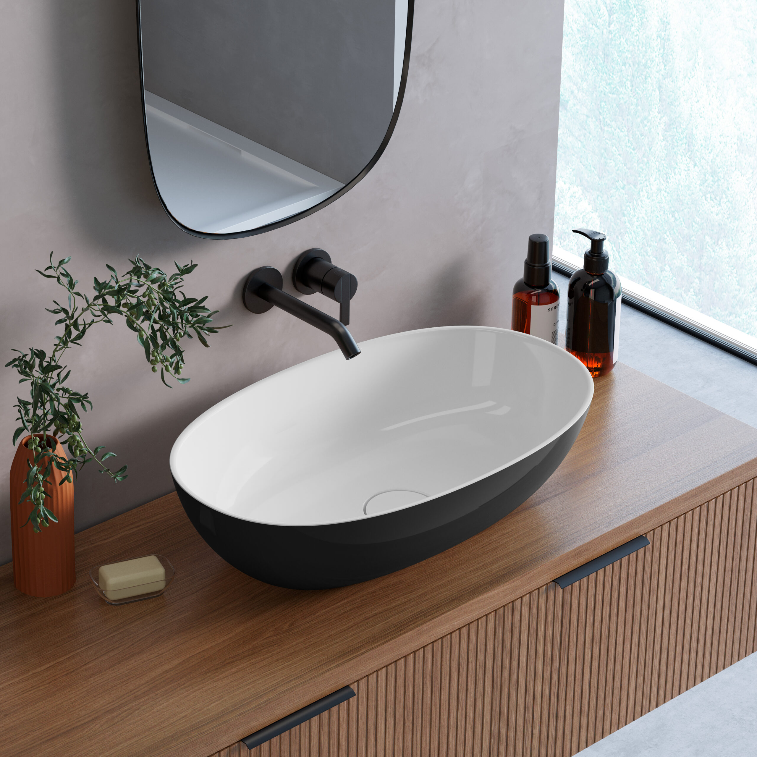 Lavaberg Skinn umywalka 60x36 cm owalna nablatowa biała/czarna połysk 663130061094 - Wysyłka w 24h