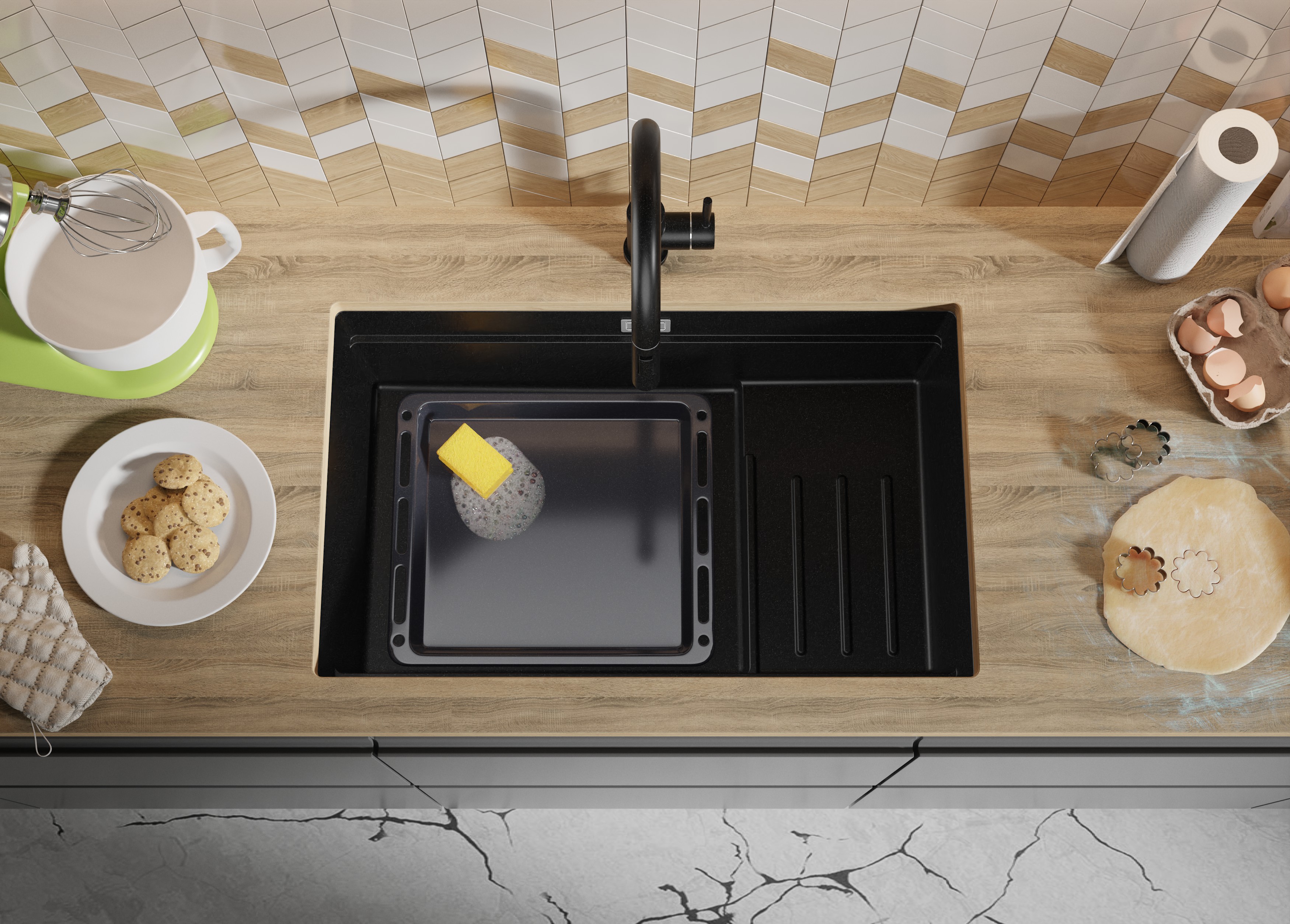 Primagran Praga XXL 80 Level zlewozmywak granitowy 76x47 cm czarny O_OPEKC-001