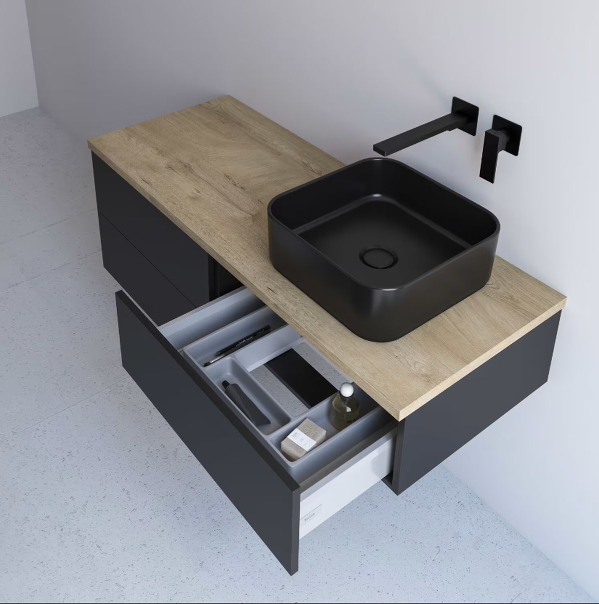 Kronenbach Cube szafka z blatem 121x48,7x23,5 cm podumywalkowa wisząca czarny mat-jasny dąb KBWTKOWTL1212SMGH