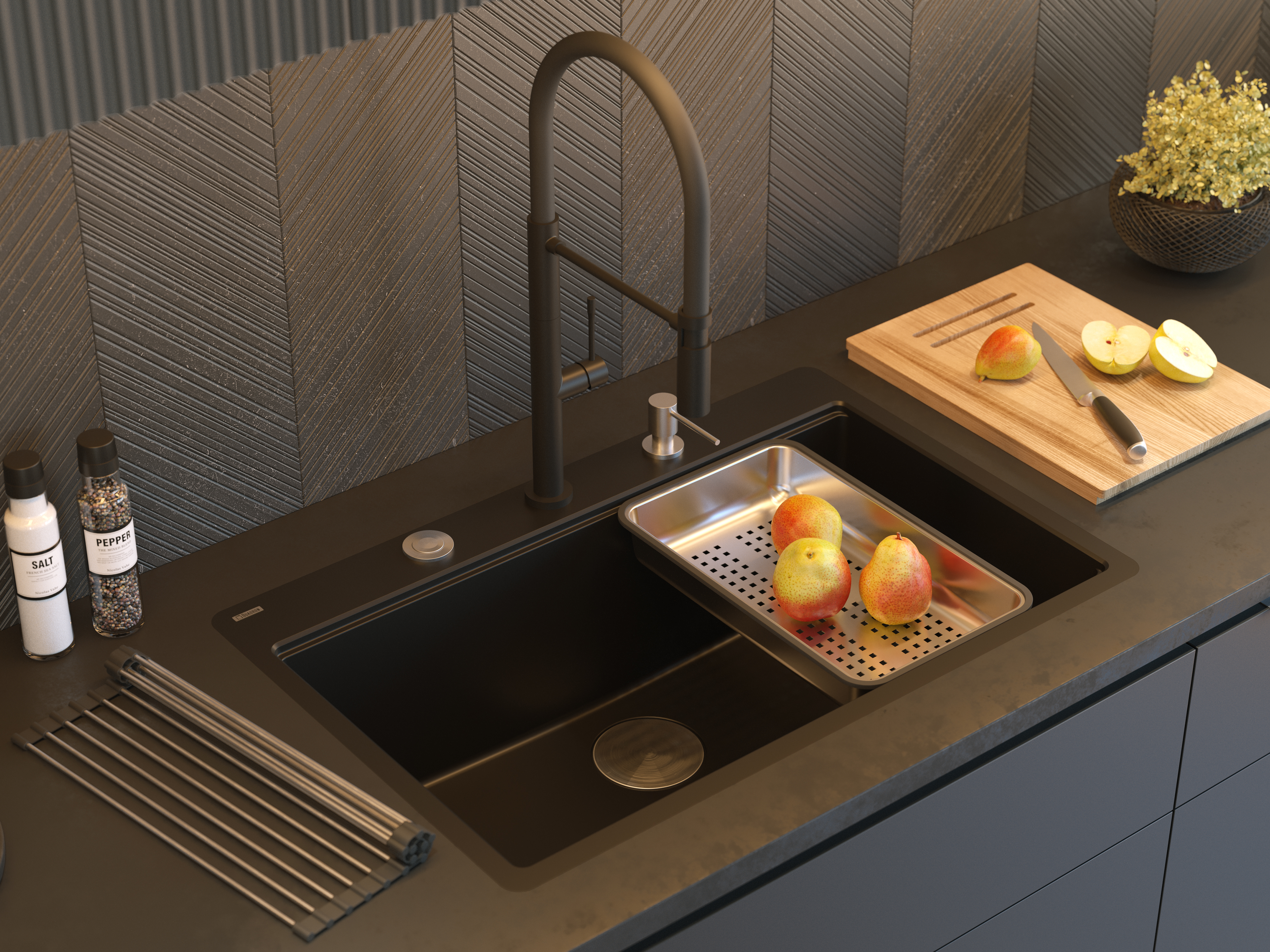 Quadron Marc 110 FM zlewozmywak 75x49 cm GraniteQ pure carbon/elementy stalowe HQM7650U7_FM_BS