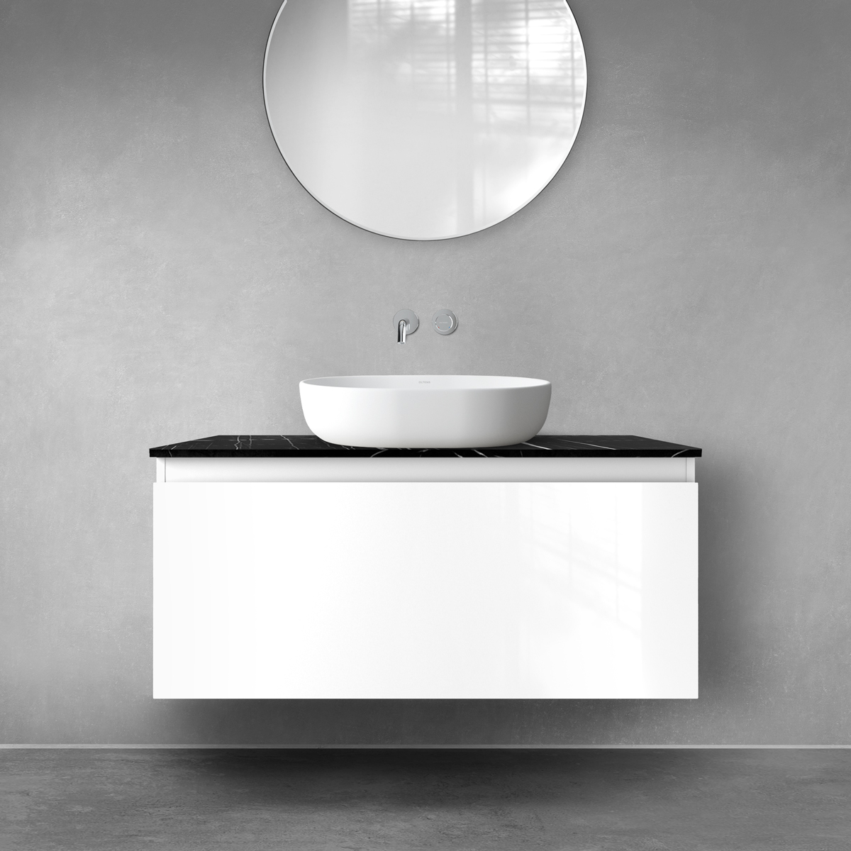 Zestaw Oltens Vernal szafka 100 cm podumywalkowa wisząca z blatem Tera biały połysk/czarny marmur 68720000 - Wysyłka w 24h