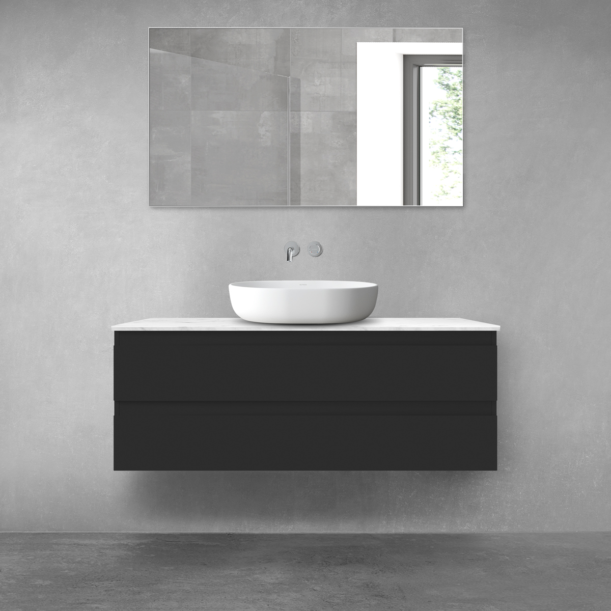 Zestaw Oltens Vernal szafka 120 cm podumywalkowa wisząca z blatem Tera czarny mat/jasny marmur 68728300 - Wysyłka w 24h