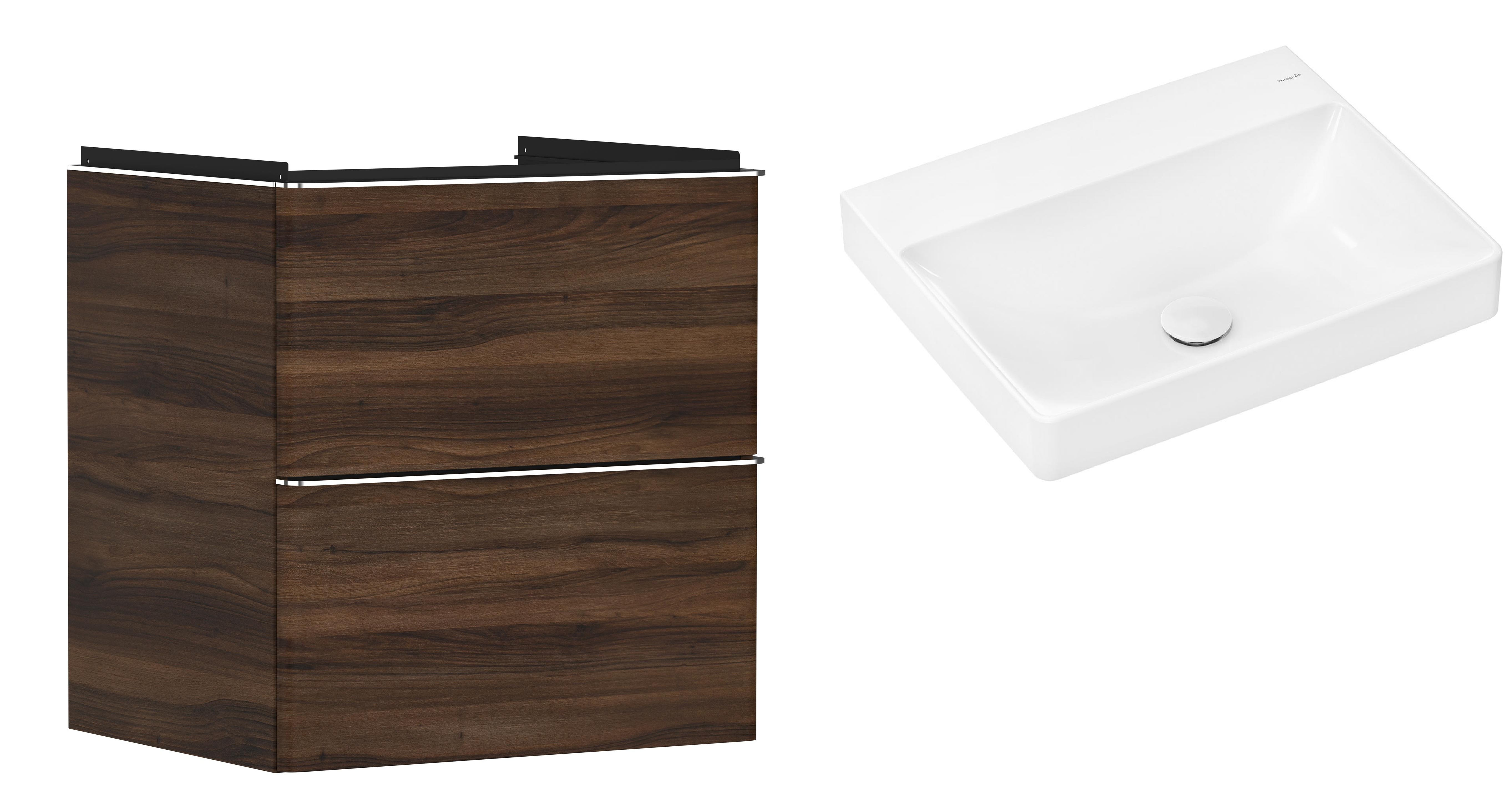 Hansgrohe Xelu Q szafka wisząca z umywalką 60x48 cm ciemny orzech/chrom/biały (54026000, 61017450)