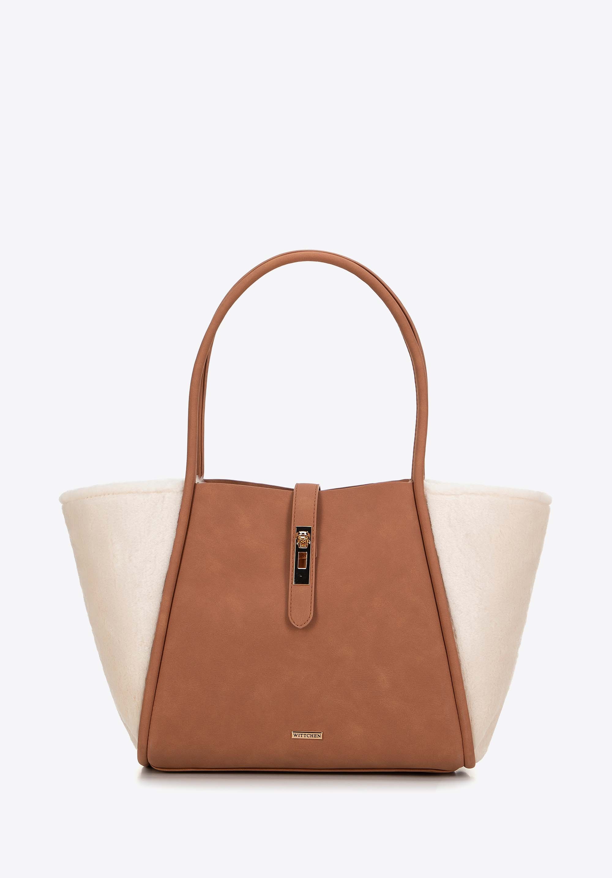 Damska shopperka z ekoskóry i sztucznego futerka beżowa