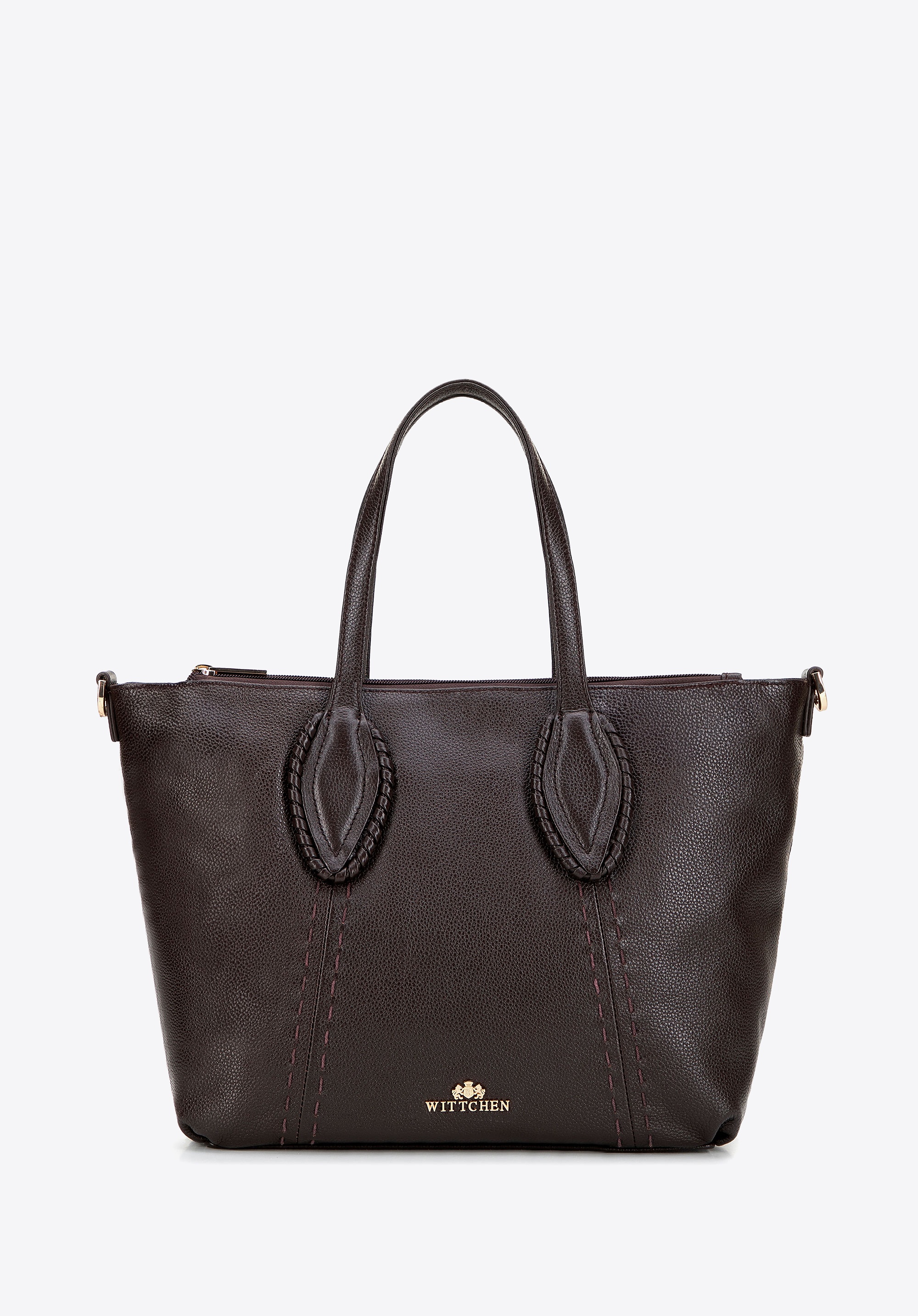 Damska shopperka ze skóry naturalnej w dekoracyjne przeszycia brązowa