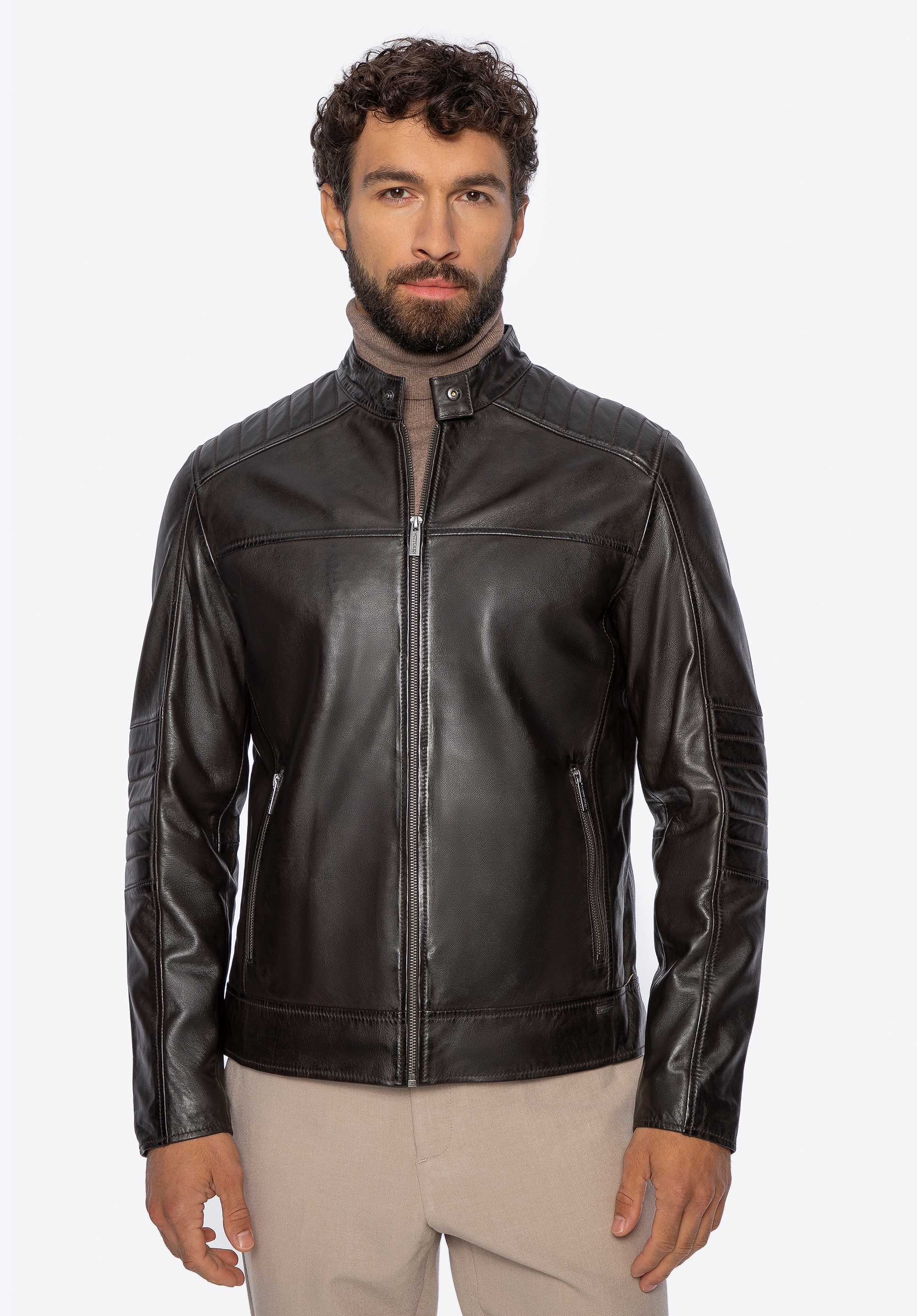 Męska kurtka ze skóry naturalnej ze stójką ciemny brąz