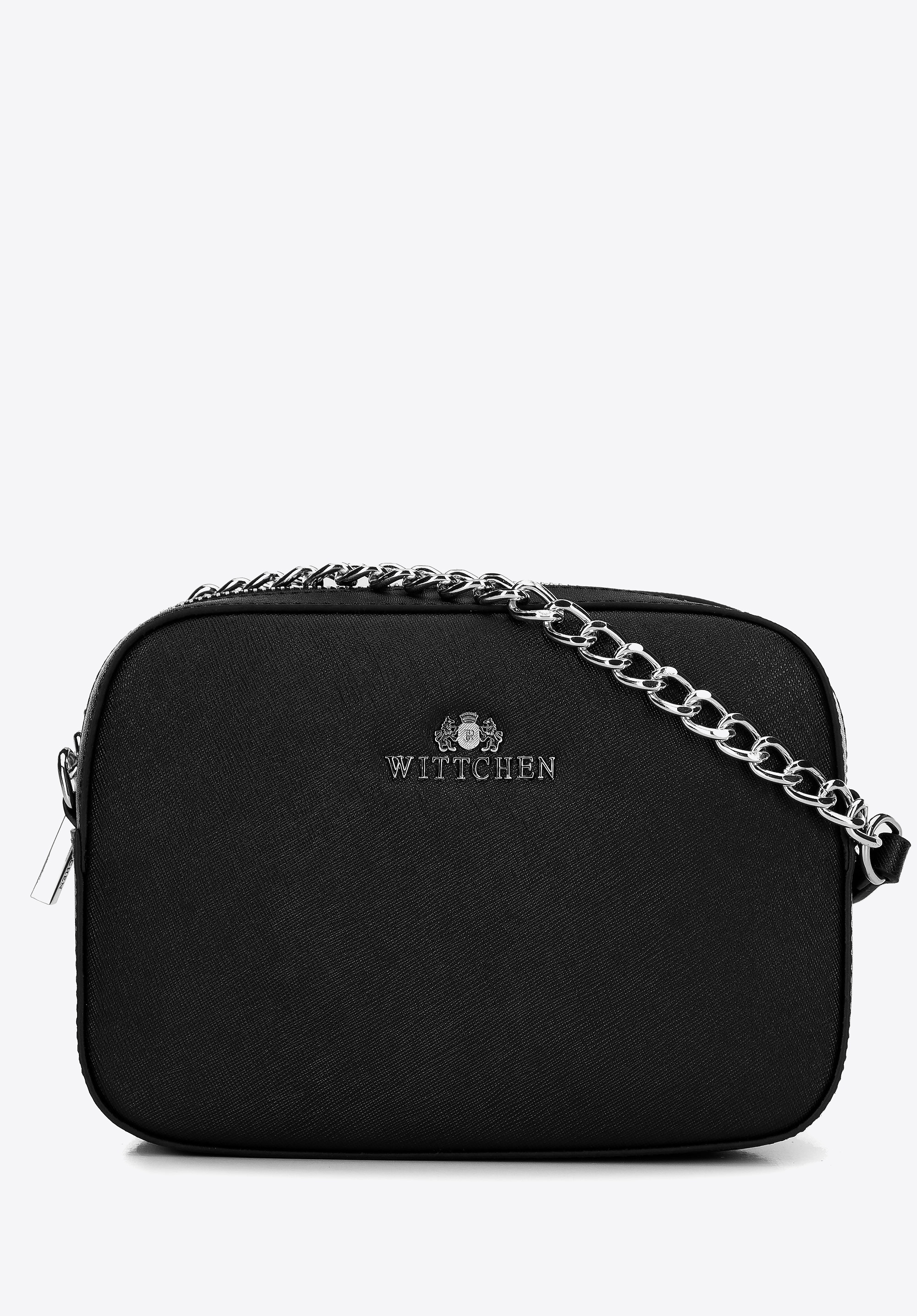 Damska listonoszka ze skóry saffiano pudełkowa na łańcuszku czarno-srebrna