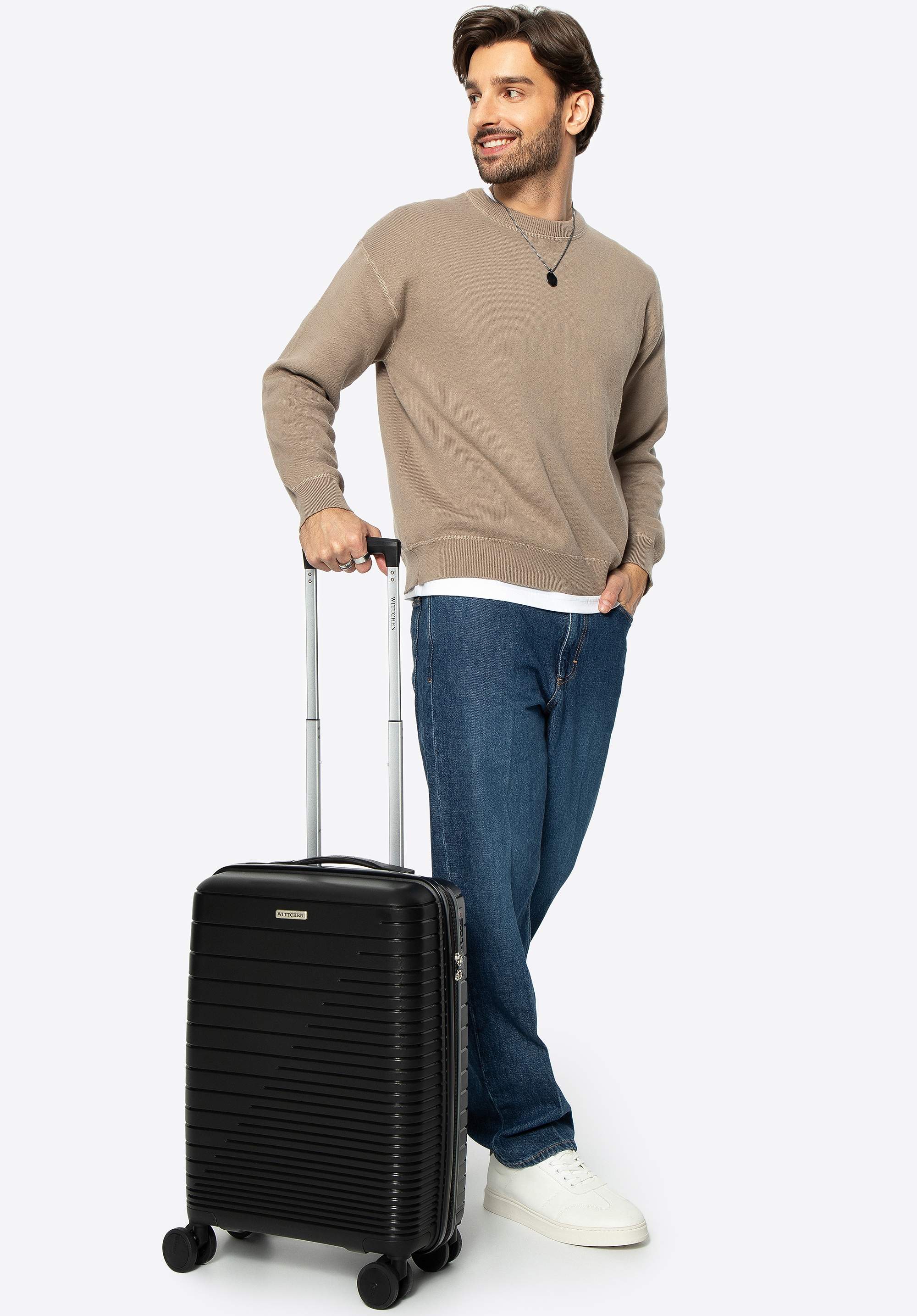 Walizka kabinowa z polipropylenu z błyszczącymi paskami czarna