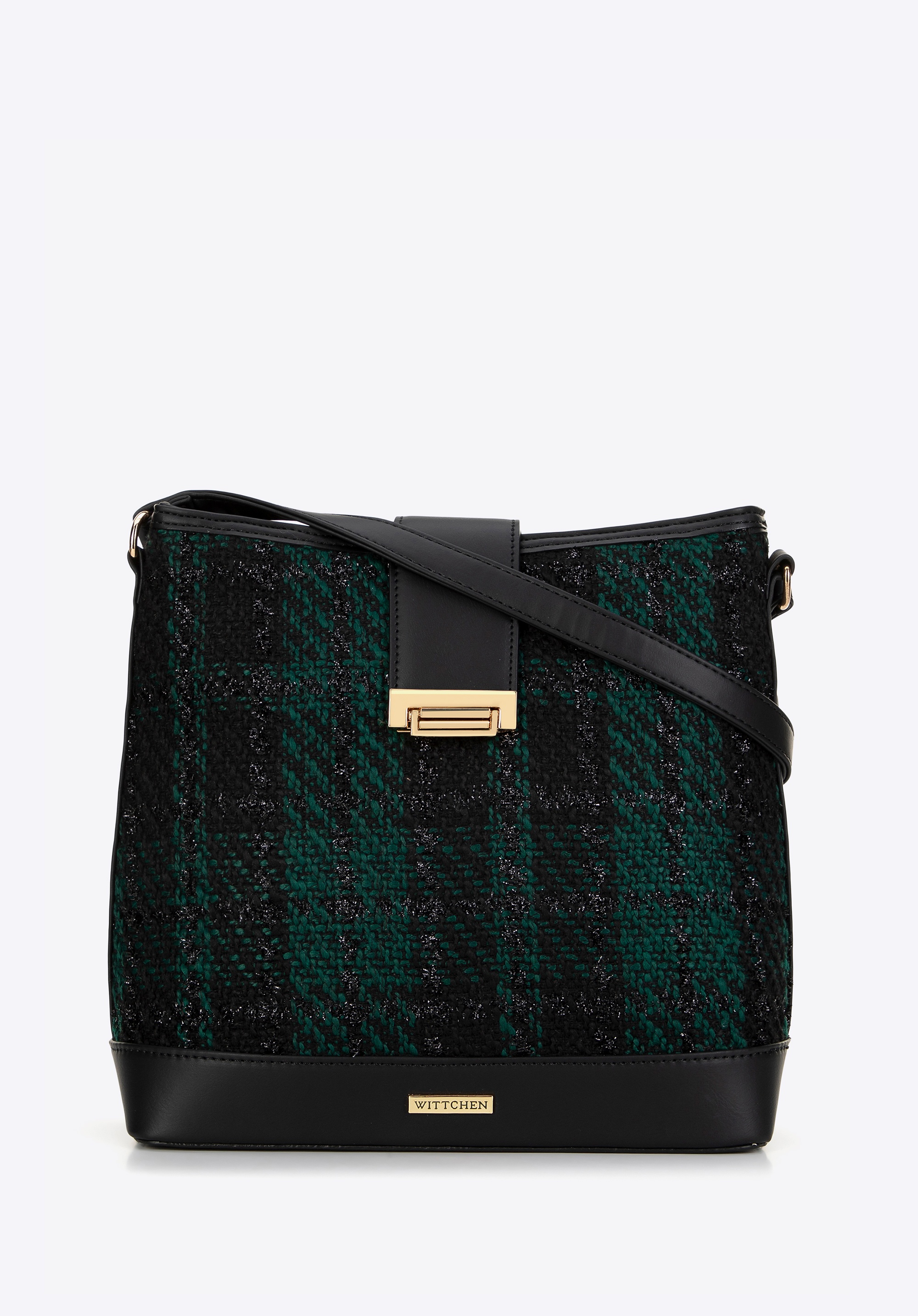 Damska torebka worek z tkaniny bouclé czarno - zielona