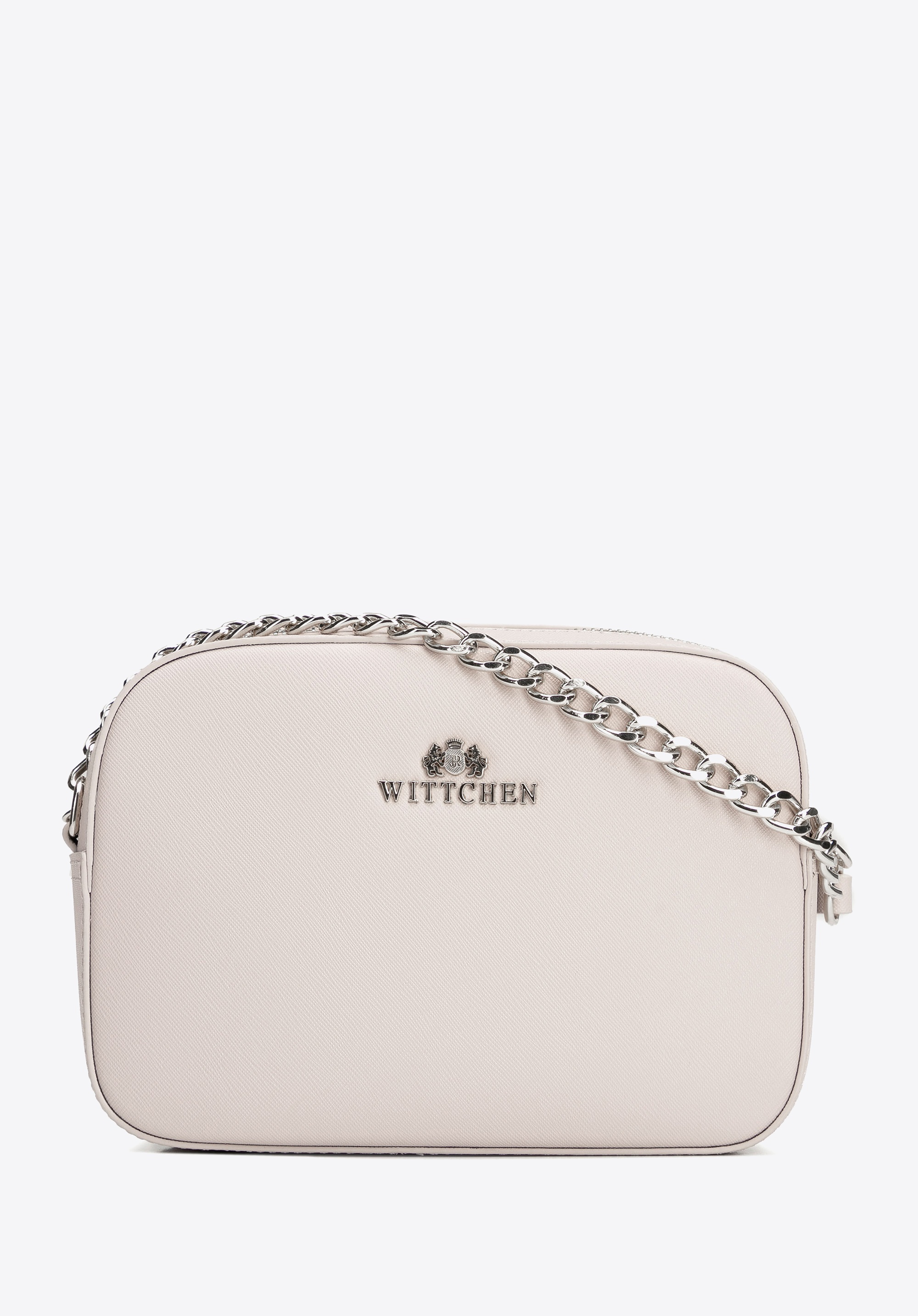 Damska listonoszka ze skóry saffiano pudełkowa na łańcuszku ecru