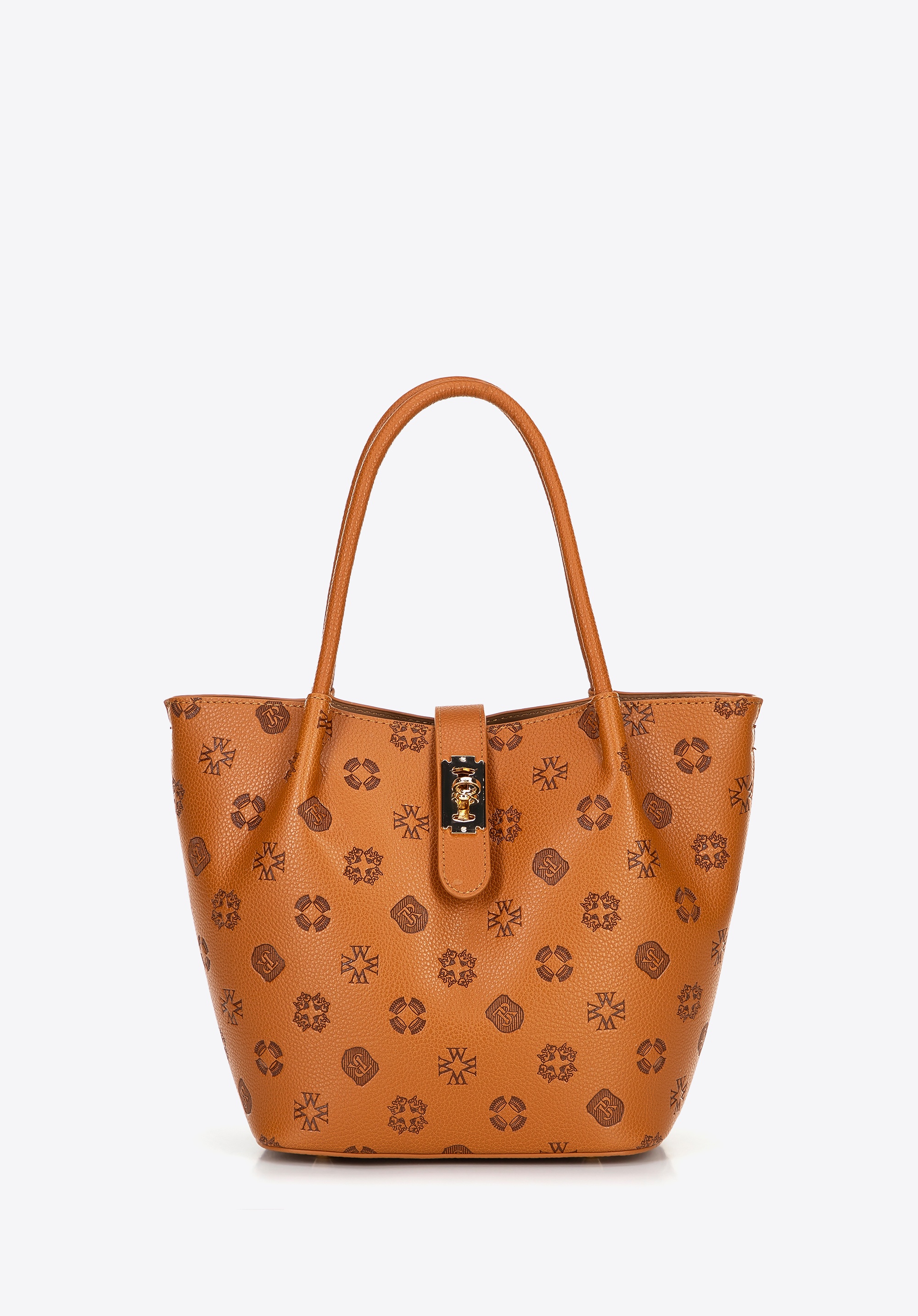 Damski kuferek z ekoskóry z tłoczoną sygnaturą jasny brąz