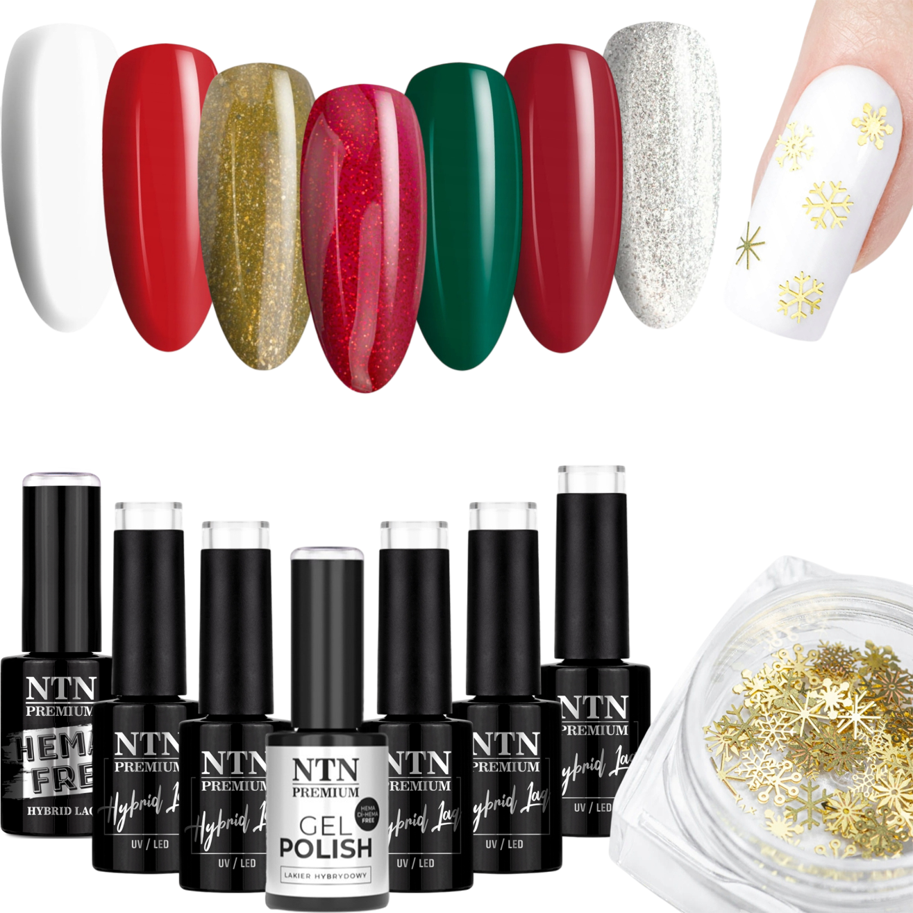 7x Lakier Hybrydowy NTN 5g Christmas Świąteczny ZESTAW 7w1 + Śnieżynki Snowflakes