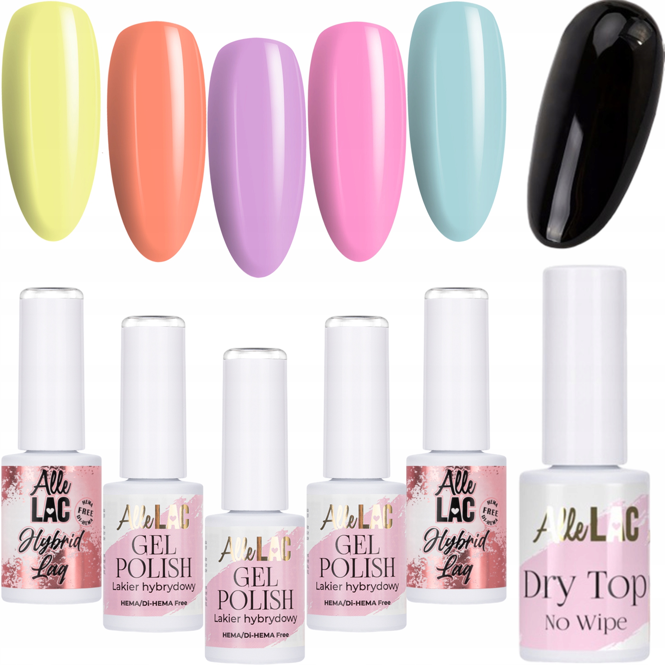5x Lakier Hybrydowy ALLELAC Pastelowe Kolory ZESTAW Must Have Wiosna Spring + Top