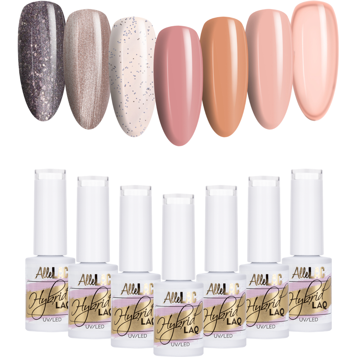 7x Lakier Hybrydowy ALLELAC 5g Brązowe Beżowe ZESTAW 7w1 Mix