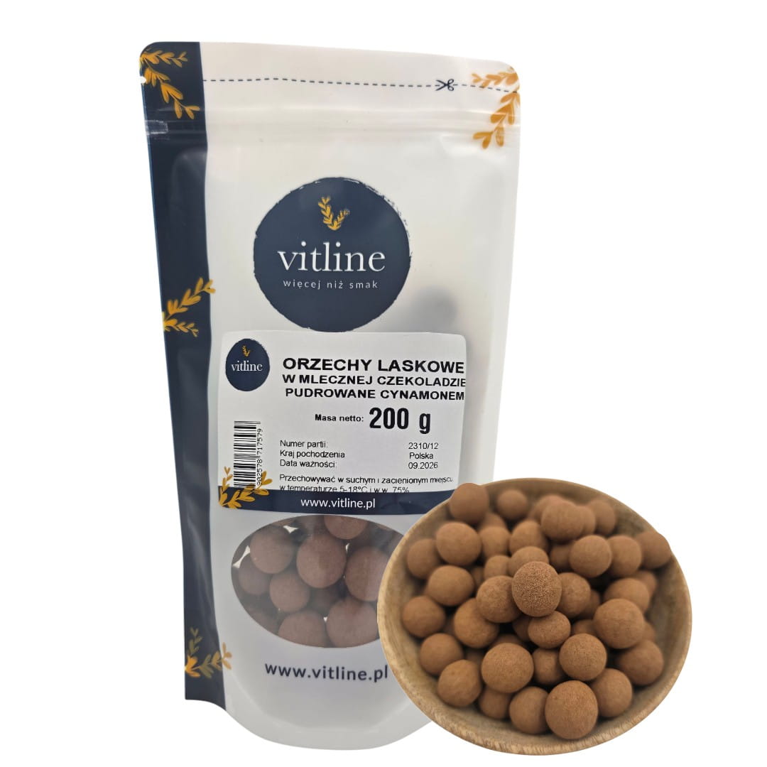 Orzechy laskowe w czekoladzie mlecznej pudrowane cynamonem 200g VITLINE