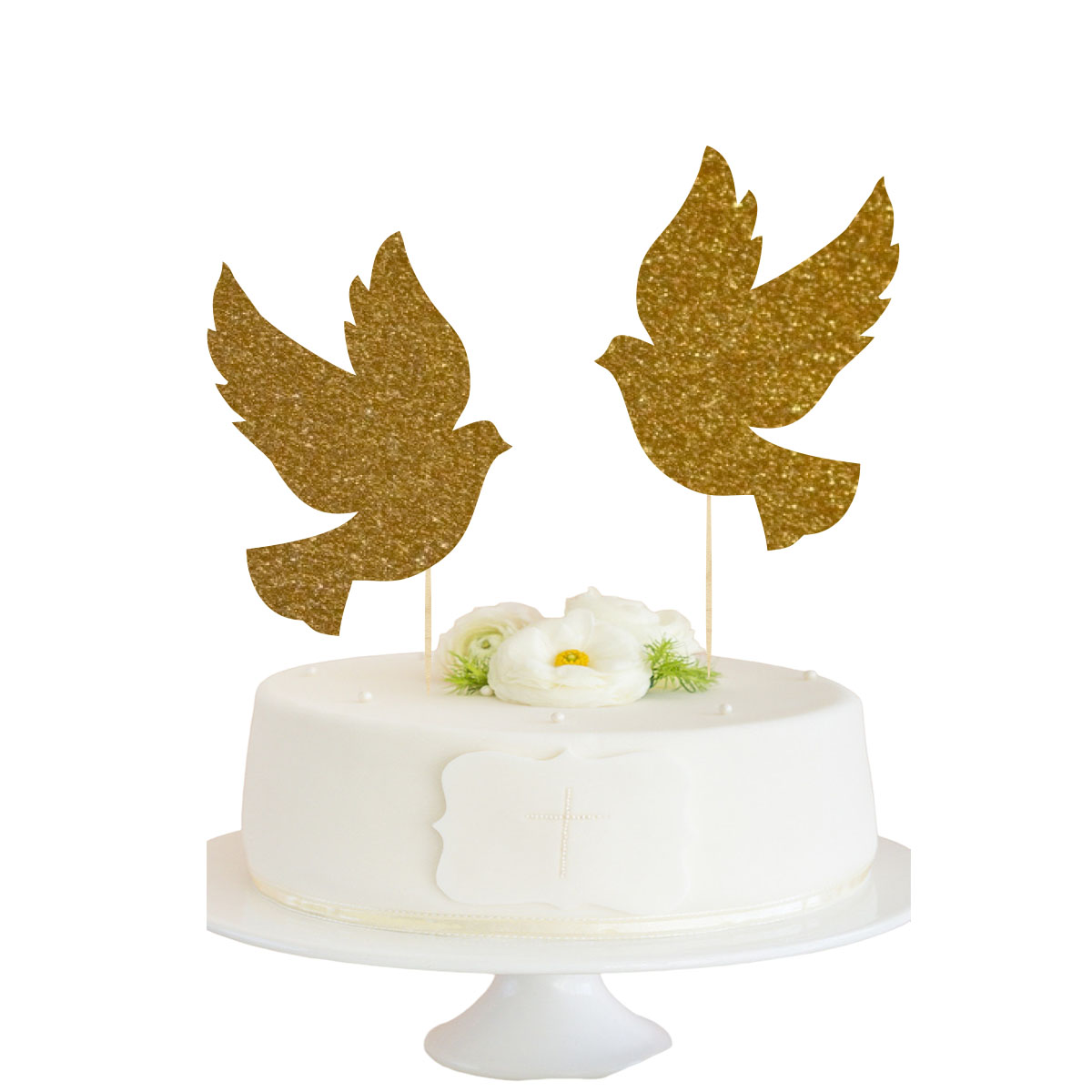 Topper dekoracja na bok tortu pik gołąbki Chrzest Święty Komunia Święta drewno złoty
