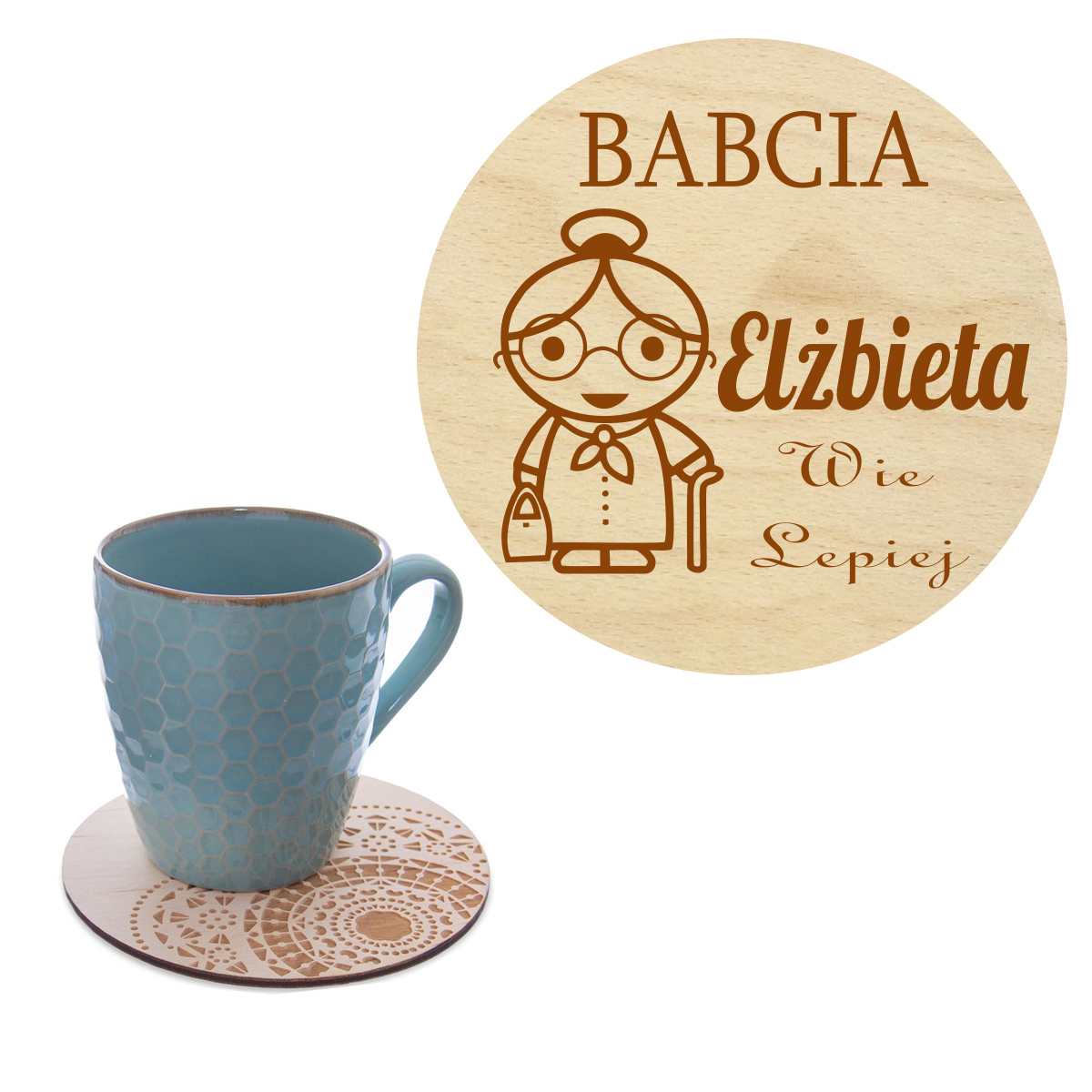Prezent dla Babci podstawka pod kubek na kawę z Imieniem grawer napis słowo