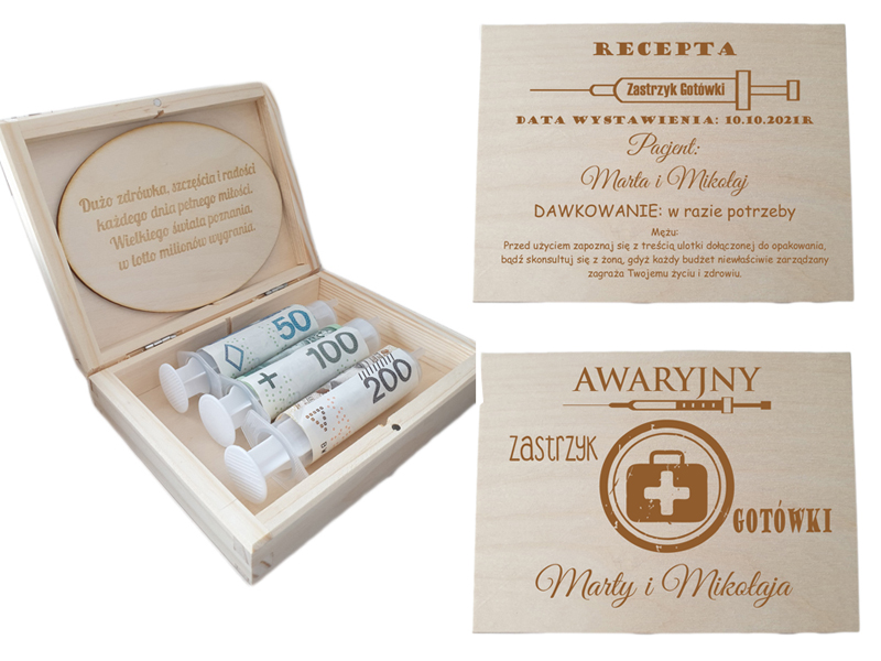 Pudełko na pieniądze, pamiątka ślubu, prezent na wesele, kartka, grawer, życzenia, zastrzyk gotówki.