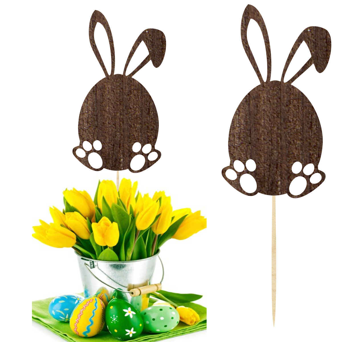 Topper dekoracja na bok pik wielkanocny króliczek jajko do prezentu, babeczki lub bukietu kwiatów drewno brąz rustykalny
