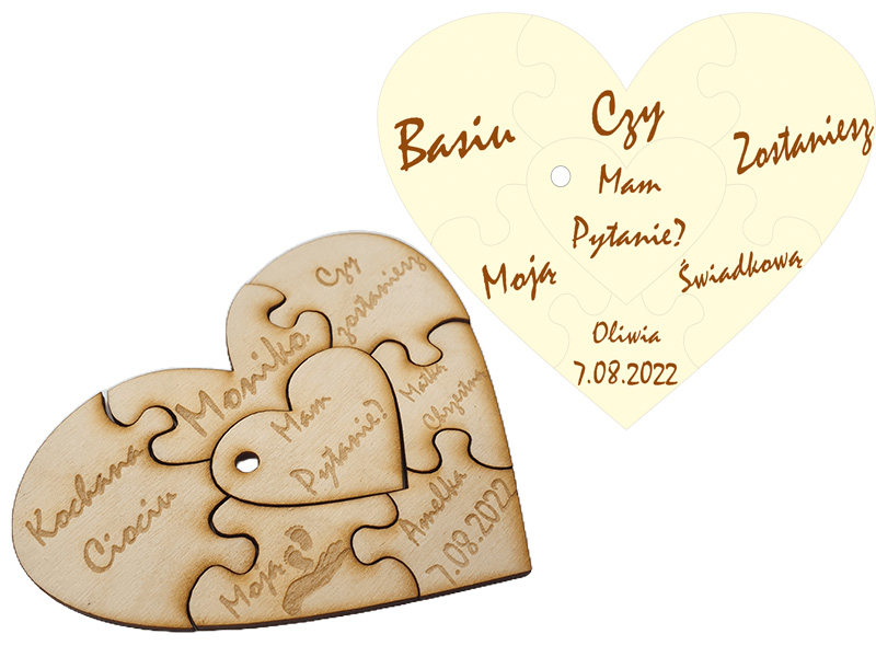 Puzzle drewniane Pytanie czy zostaniesz świadkową, świadkiem, żoną, magnes na lodówkę, kartka grawer.