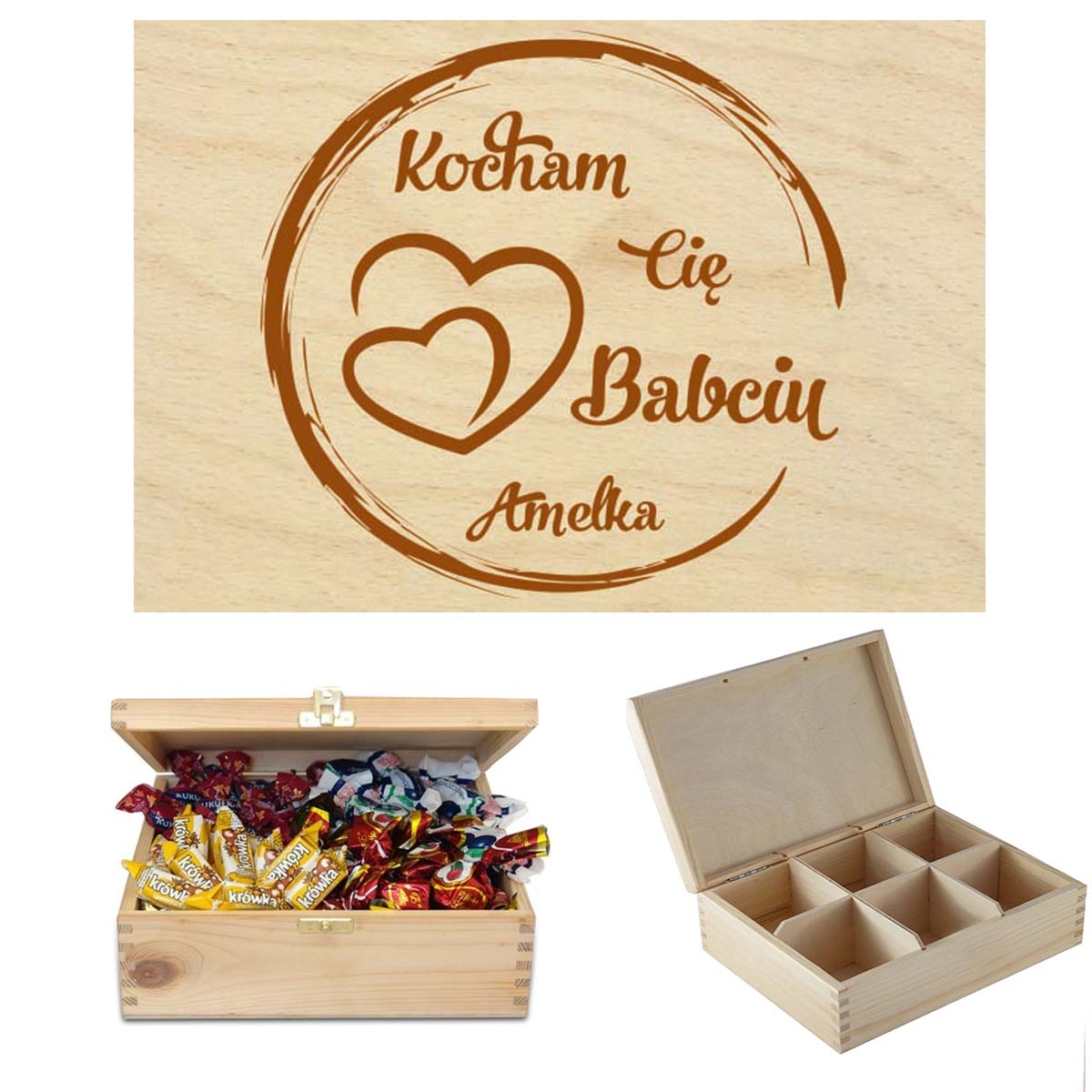 Prezent dla Babci drewniane pudełko na słodycze, czekoladki, cukierki, sprzęt krawiecki, niezbędnik na drobiazgi, herbaciarka z grawerem Imi