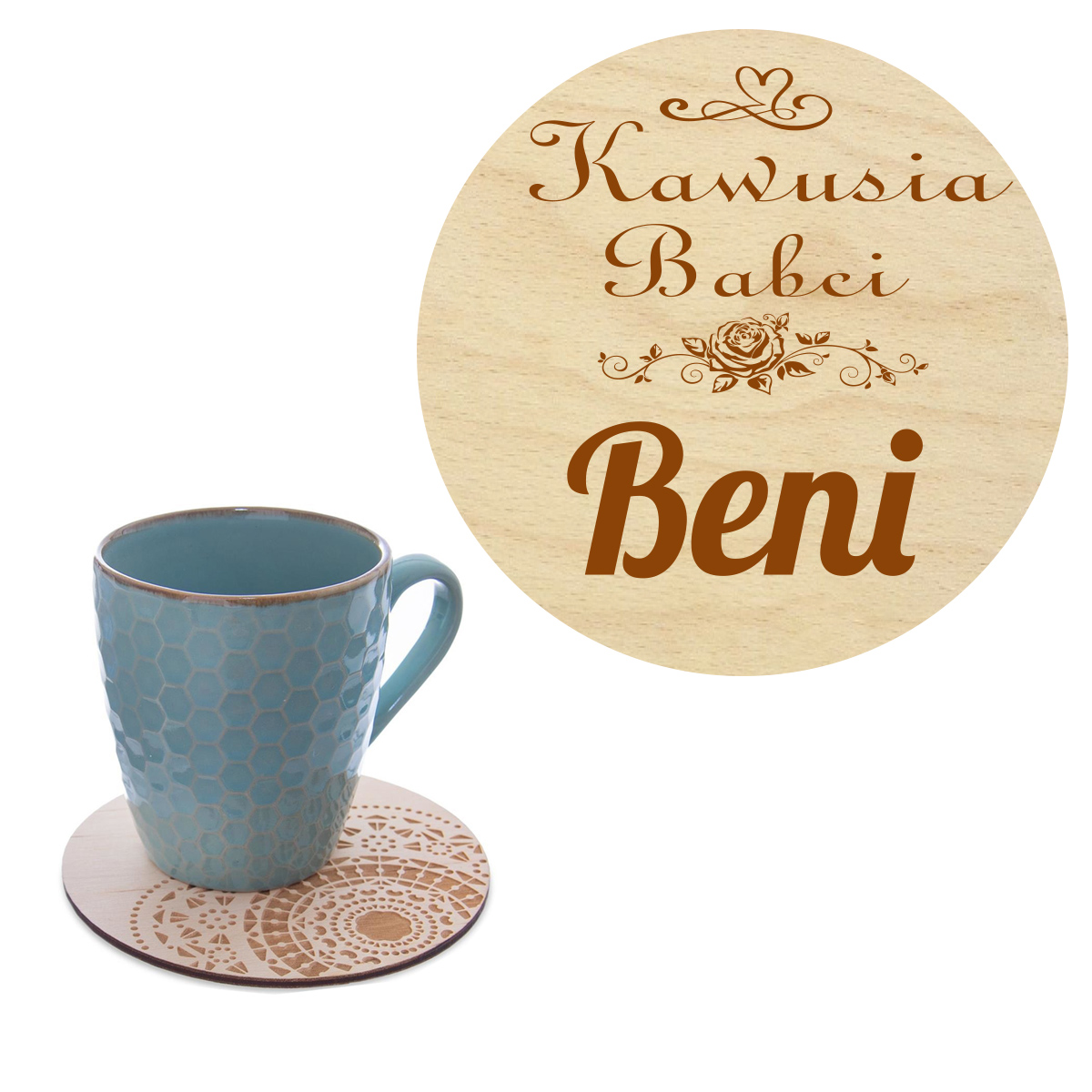 Prezent dla Babci podstawka pod kubek na kawę z Imieniem grawer napis słowo