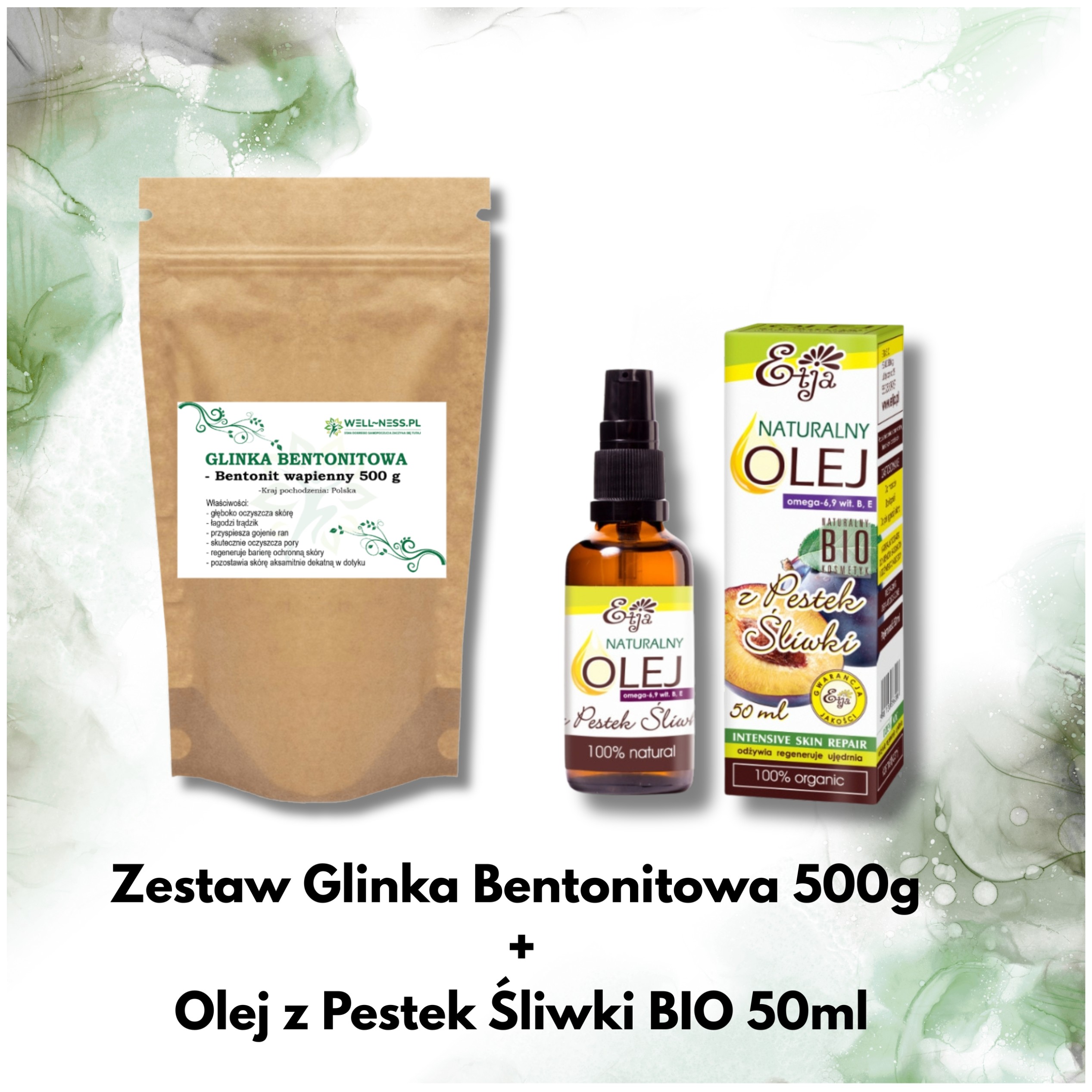 Zestaw Glinka bentonitowa - bentonit wapienny 500g + Olej z Pestek Śliwki BIO 50 ml