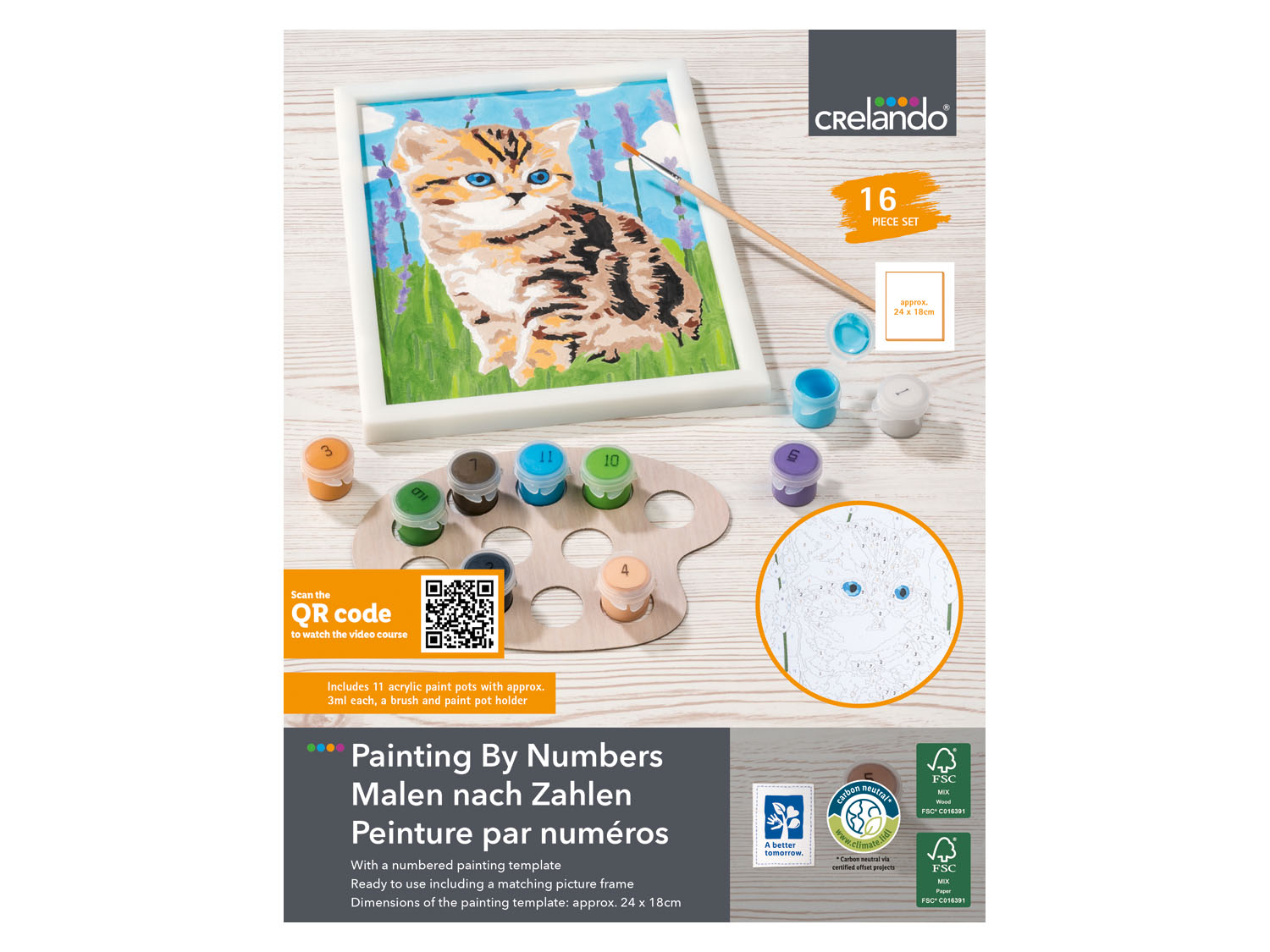 crelando Malowanie po numerach, z farbkami i pędzlem Kot